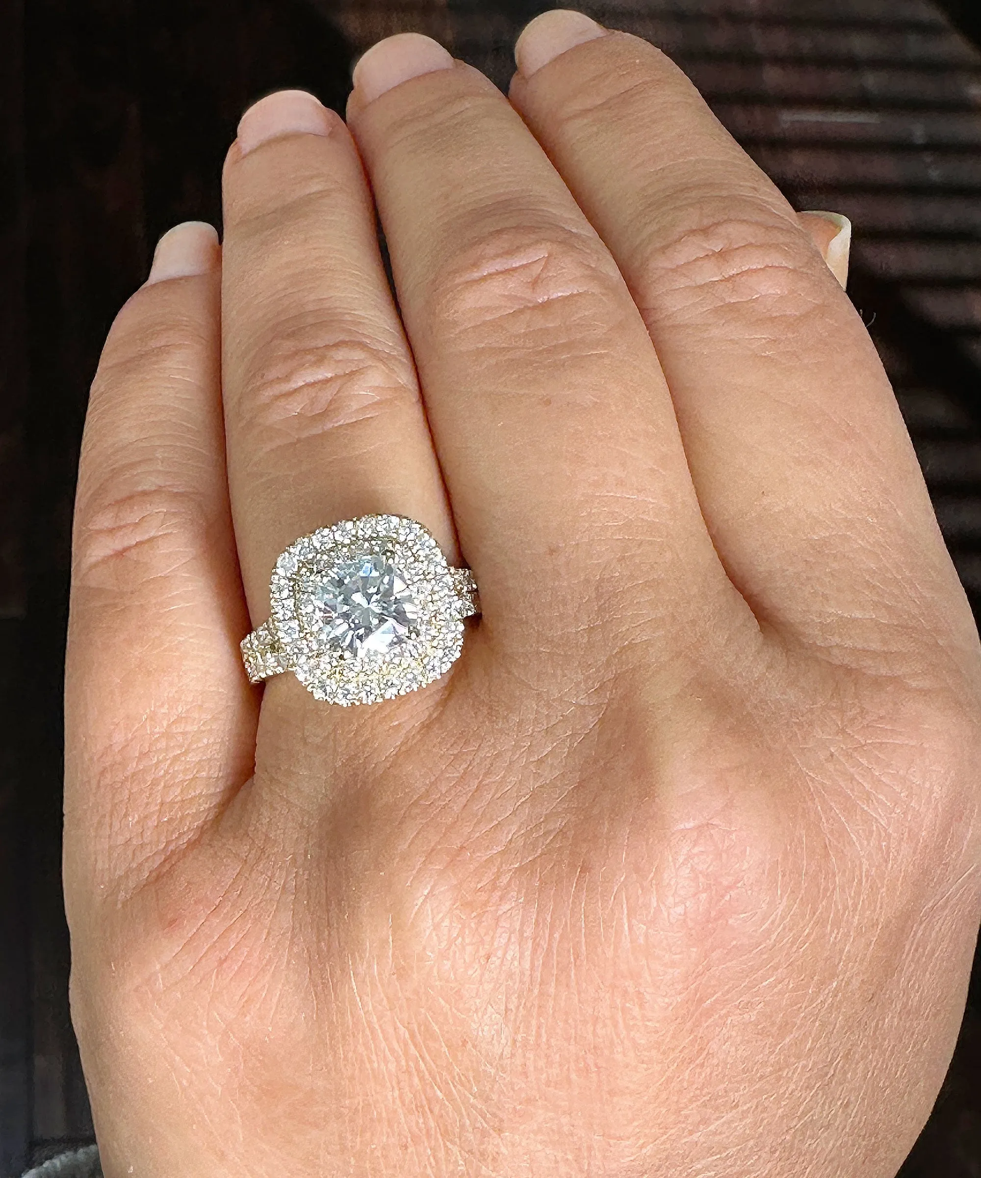 Double Halo Women's 14K Solid Yellow Gold Cushion Cut Forever One Moissanite And Natural Diamond Engagement Ring 2.80ctw