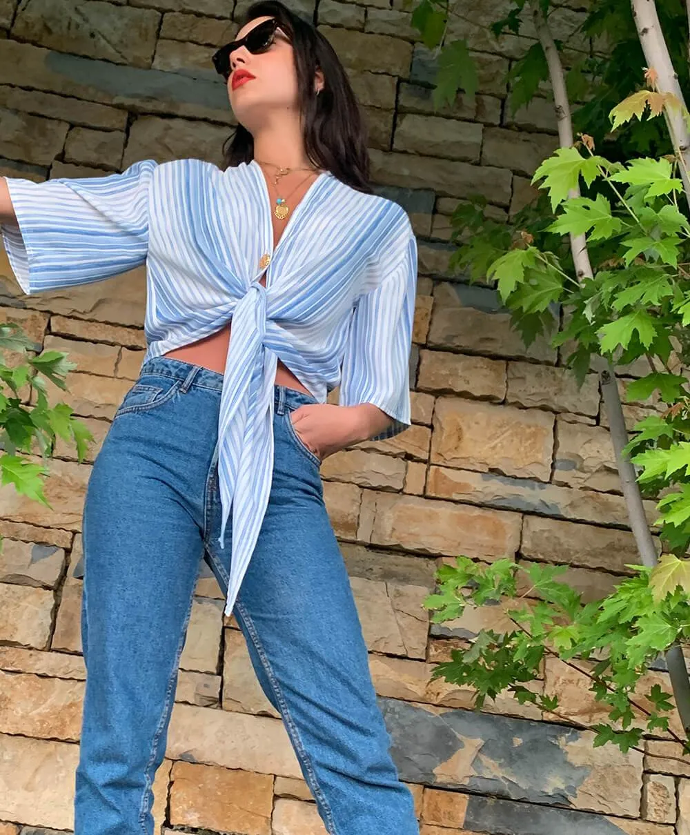 Electric Blue and White Striped Kimono Sleeve Top