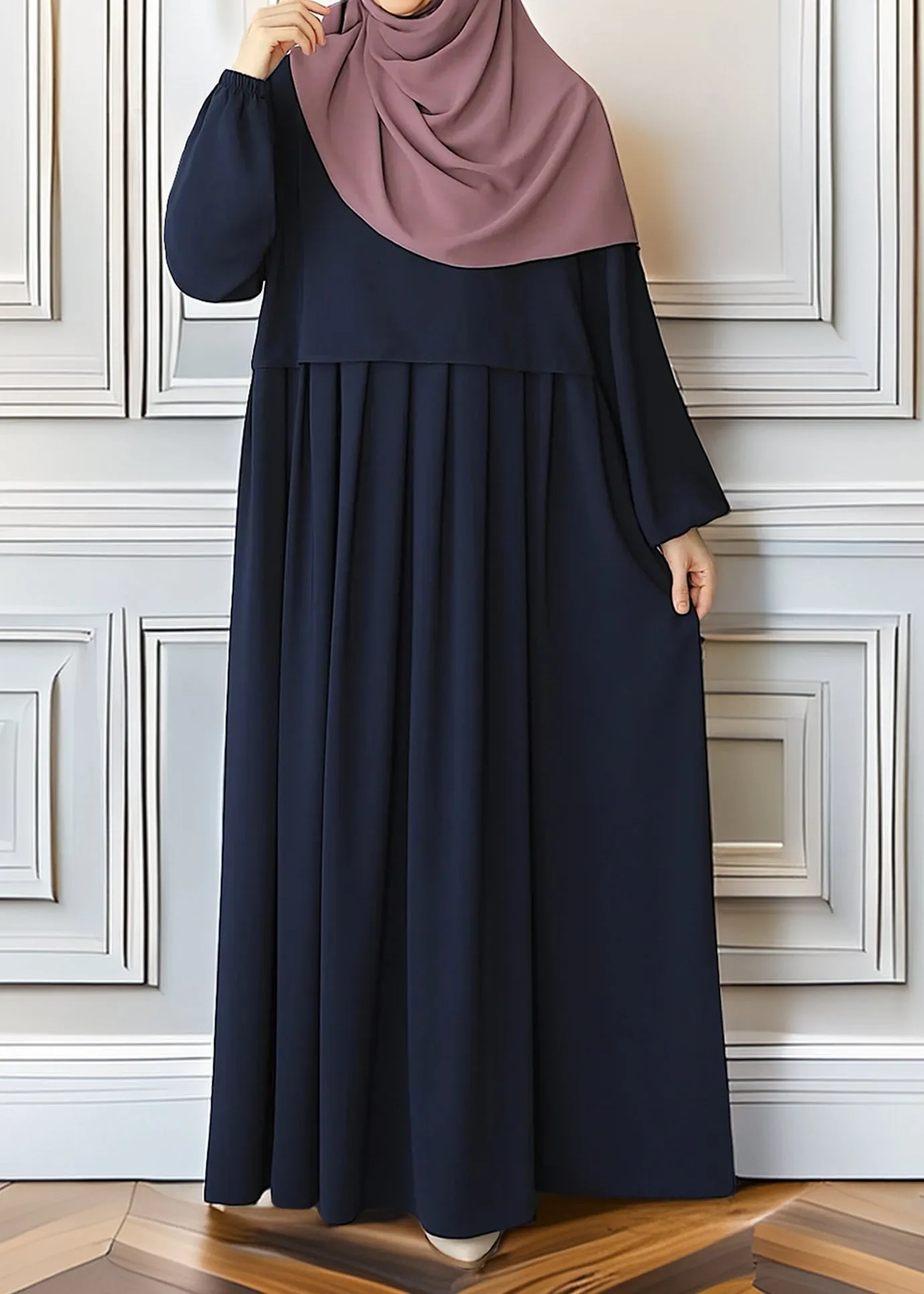 Elegant Dark Blue Pleated Abaya with Skirted Look