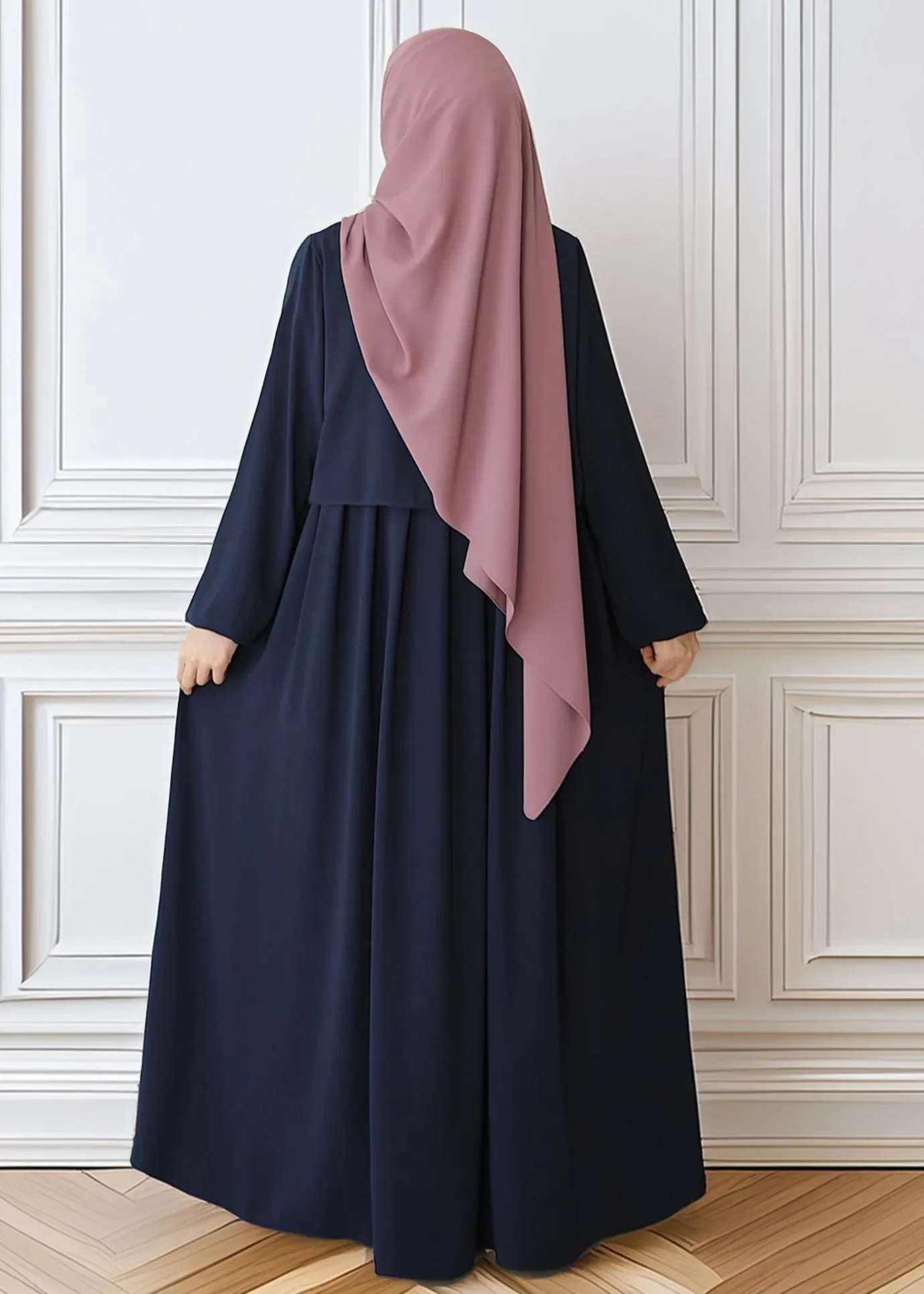 Elegant Dark Blue Pleated Abaya with Skirted Look