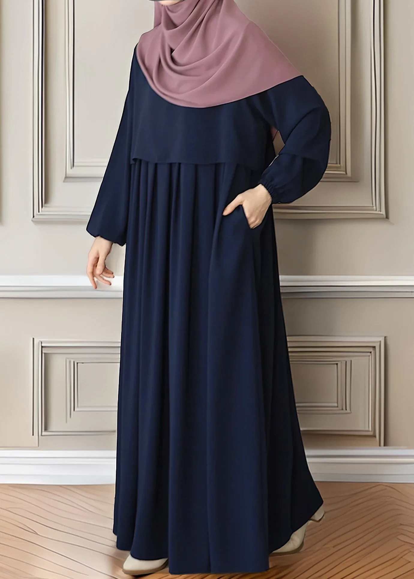 Elegant Dark Blue Pleated Abaya with Skirted Look