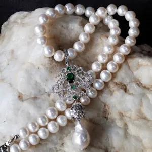 Eleganza /  Classic Pearls Silver Necklace For Women Pave Necklace Large Baroque Pearl Pendant Unique Pearls Jewelry Gift For Lady