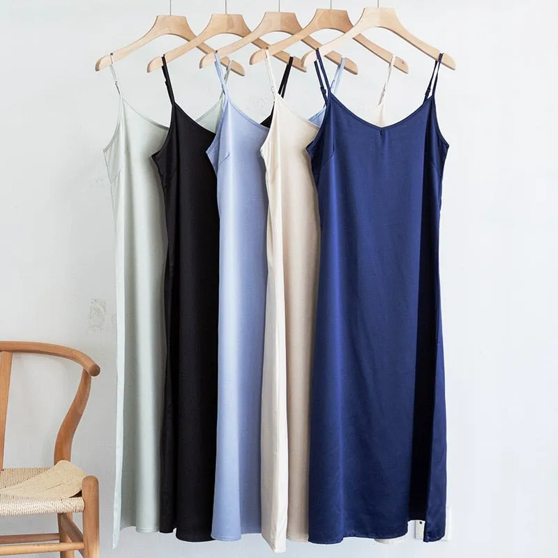 Fashion High Quality Women's Dress Summer Spaghetti Satin Long Woman Dress Very Soft Smooth Plus Size S-4XL M30262
