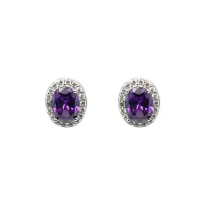 February Birthstone Amethyst Color CZ Oval Earring In Sterling Silver