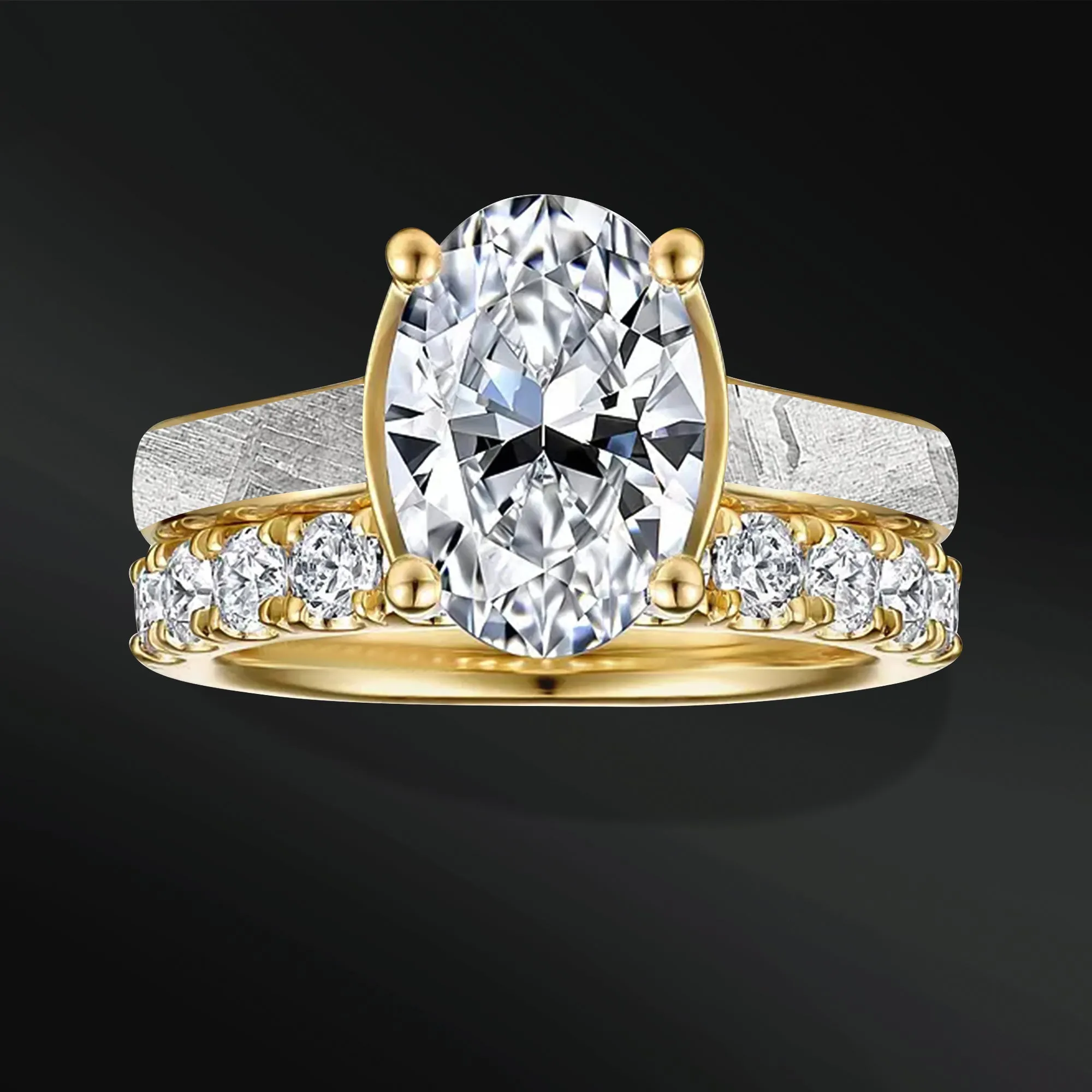 Galactic Love - Ring Set for Women | Muonionalusta Meteorite Engagement Ring | 2 ct Certified Moissanite