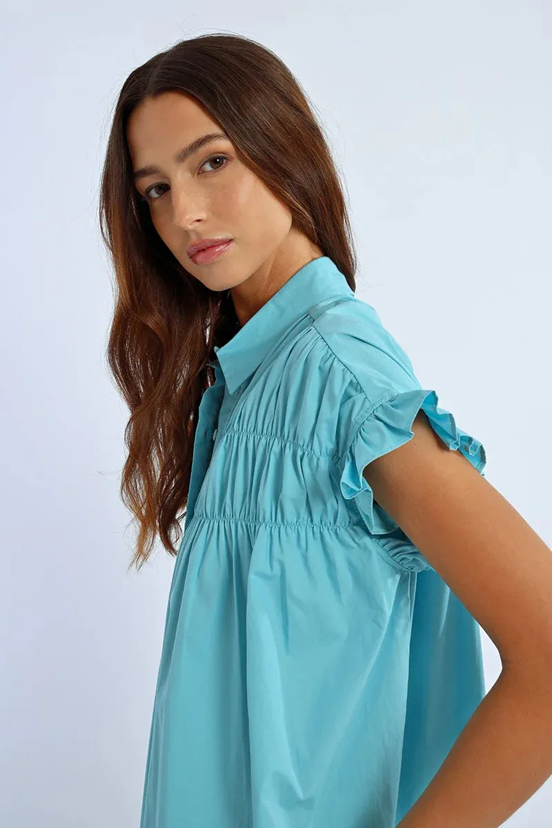 Gathered Shirt Dress (Turquoise)
