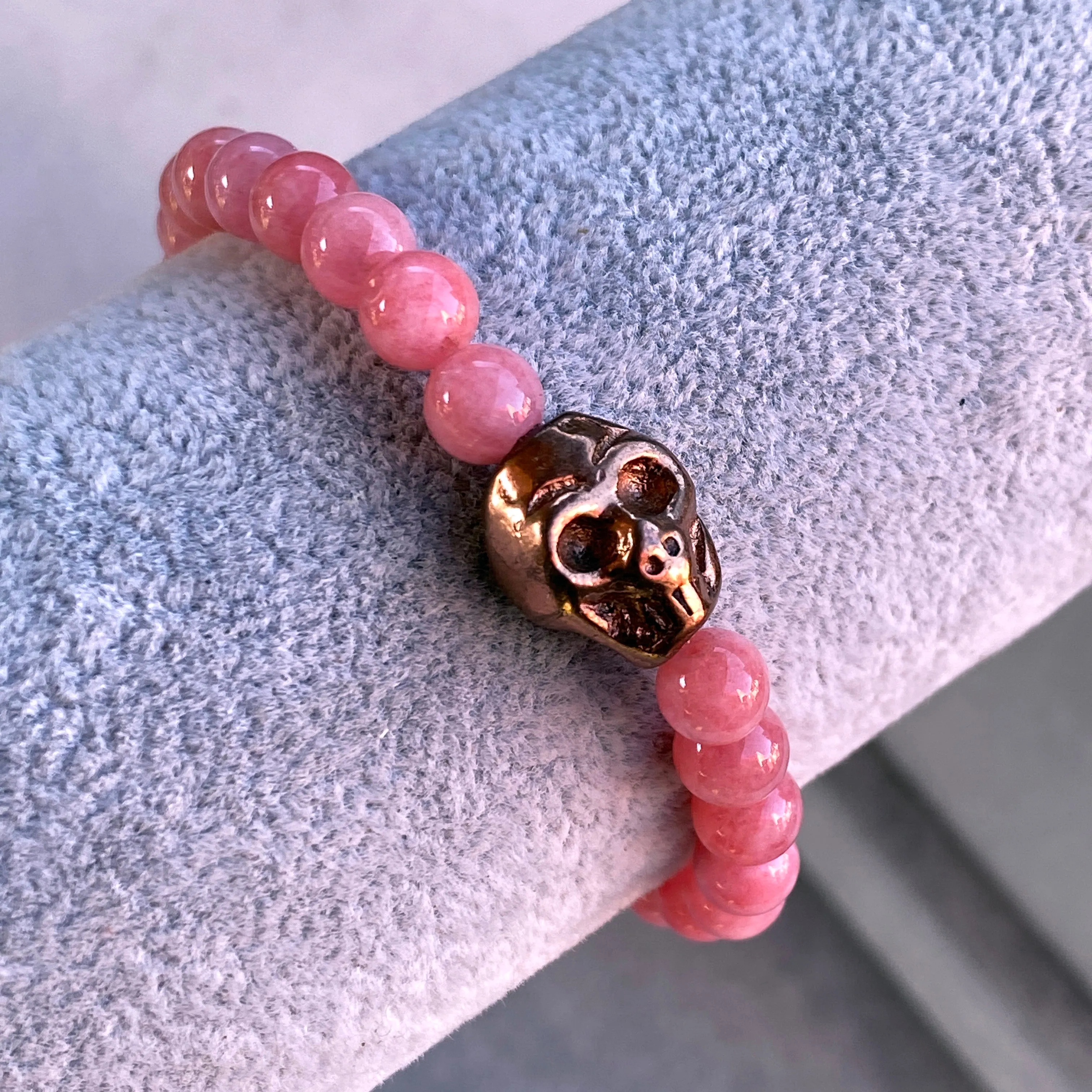Genuine Angelite and Solid Copper Skull Bracelet