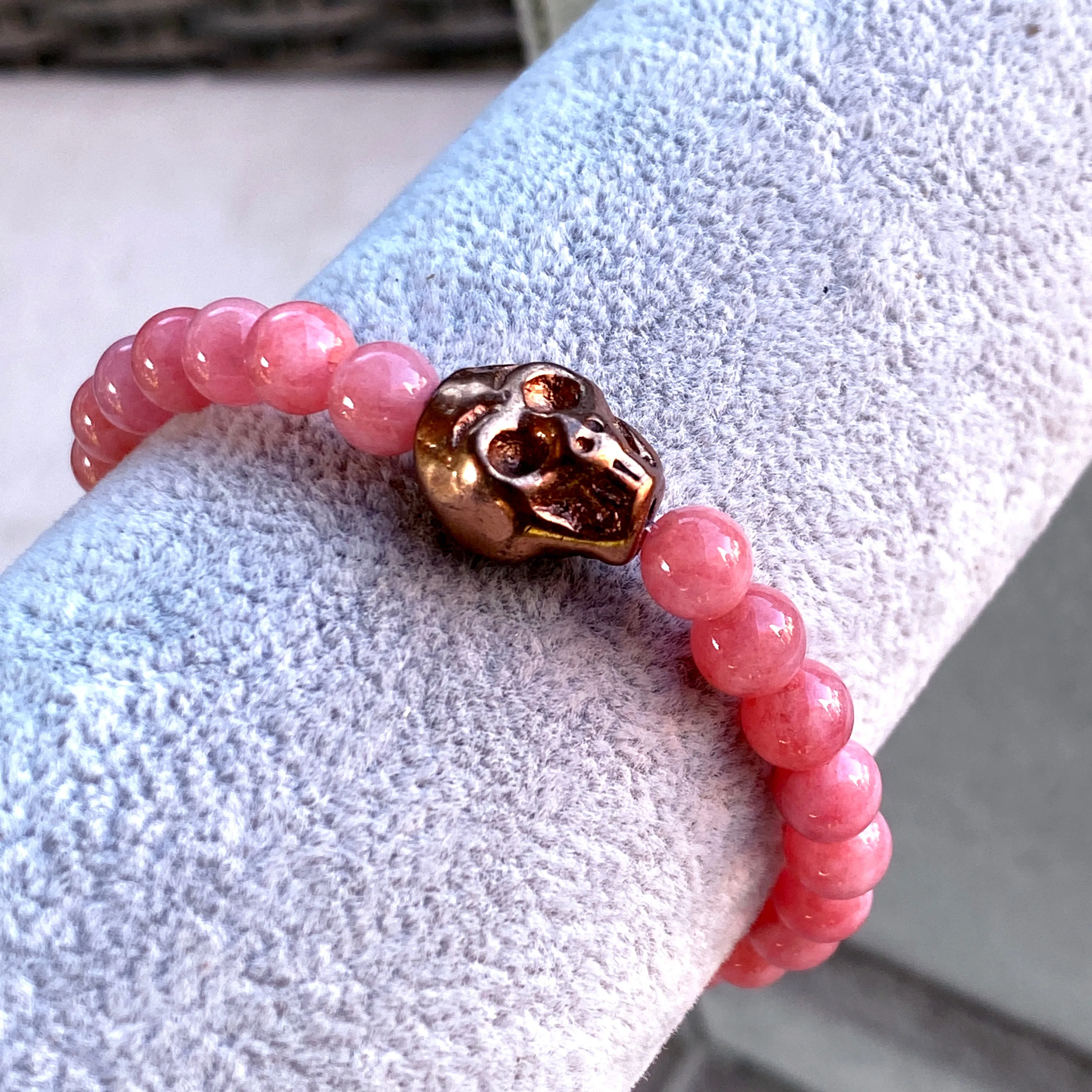 Genuine Angelite and Solid Copper Skull Bracelet