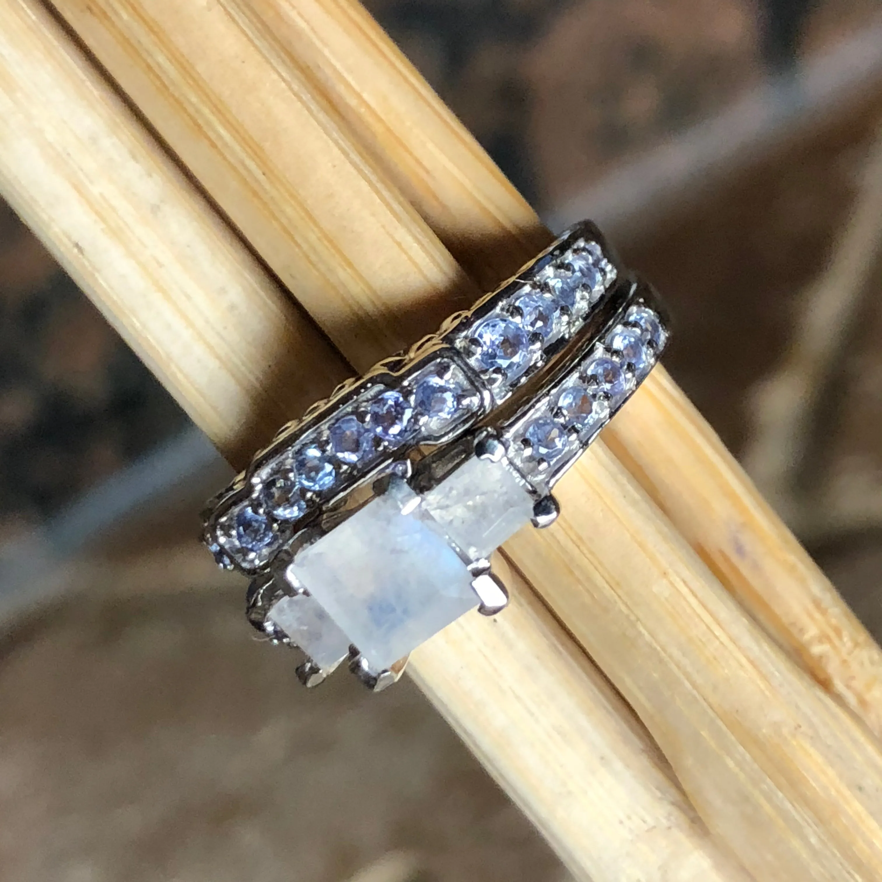 Genuine Blue Tanzanite, Moonstone 925 Solid Sterling Silver Engagement Ring Size 6, 7, 8, 9