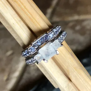 Genuine Blue Tanzanite, Moonstone 925 Solid Sterling Silver Engagement Ring Size 6, 7, 8, 9