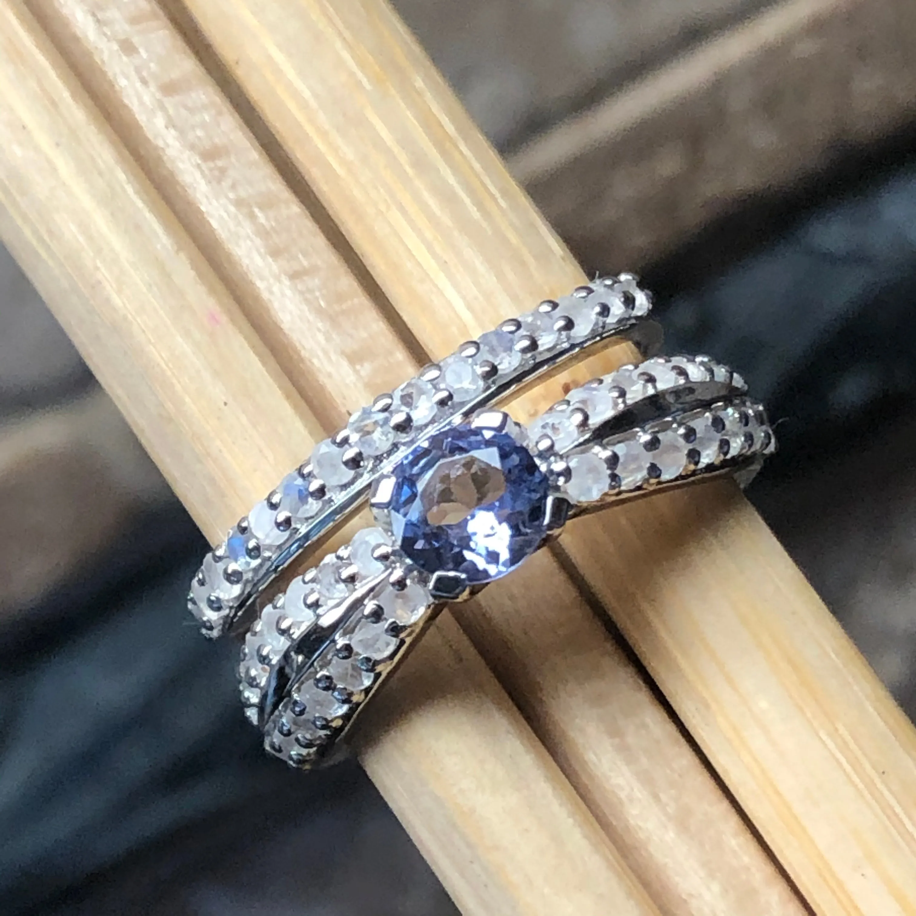 Genuine Blue Tanzanite, Moonstone 925 Solid Sterling Silver Engagement Ring Size 6, 7, 8, 9