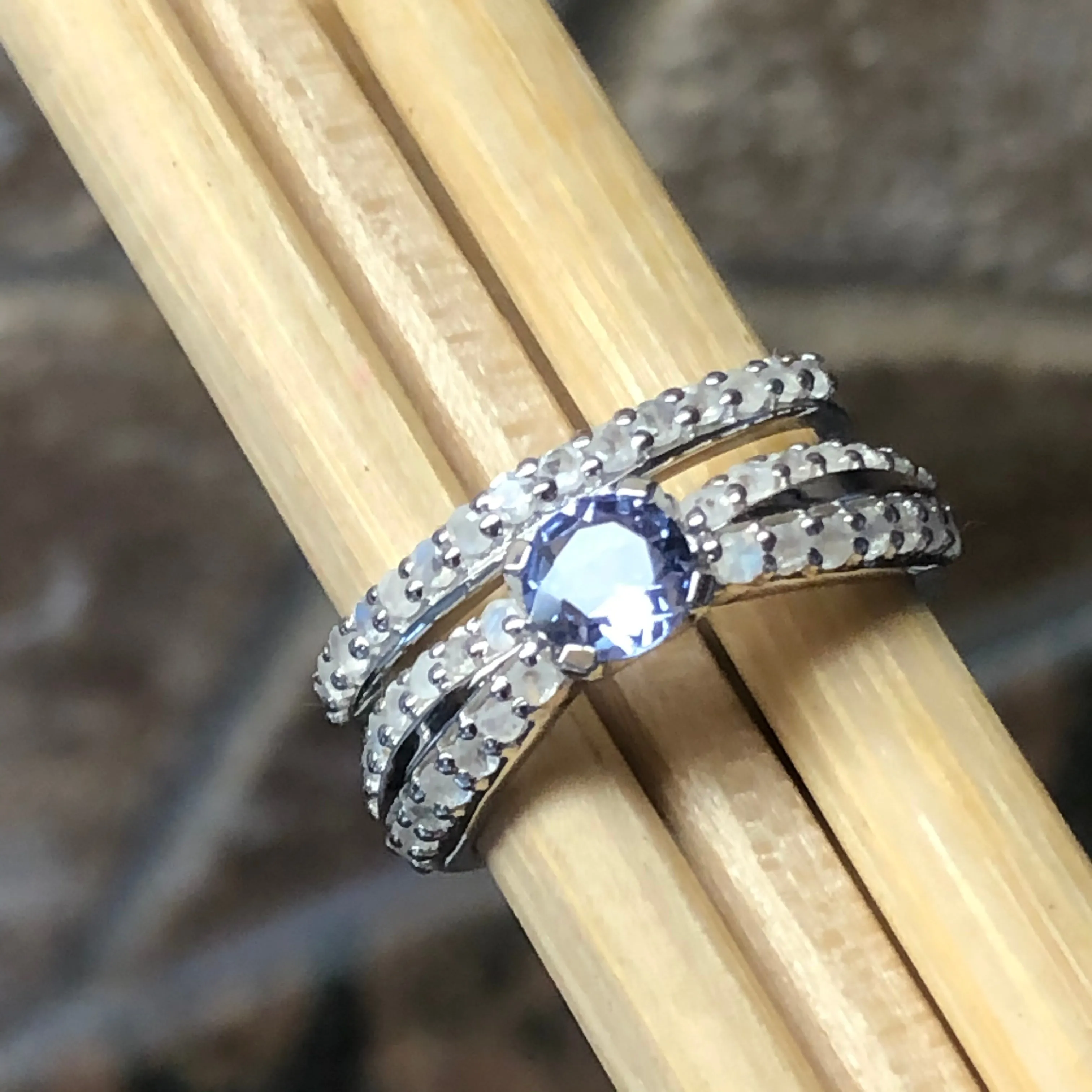 Genuine Blue Tanzanite, Moonstone 925 Solid Sterling Silver Engagement Ring Size 6, 7, 8, 9