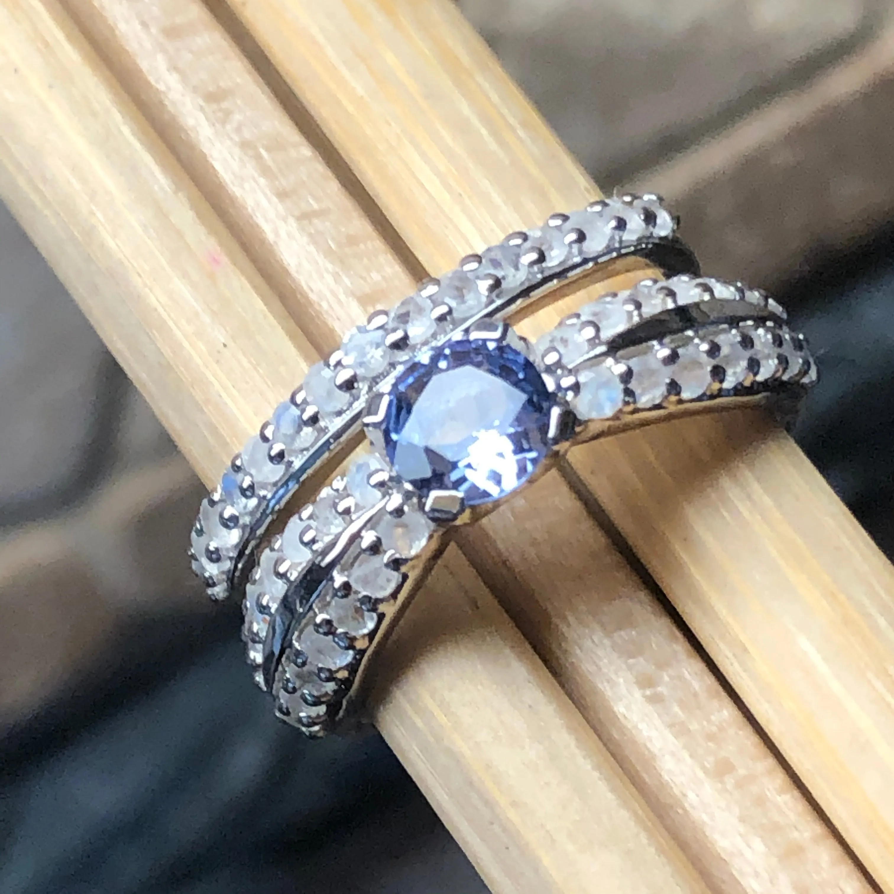 Genuine Blue Tanzanite, Moonstone 925 Solid Sterling Silver Engagement Ring Size 6, 7, 8, 9