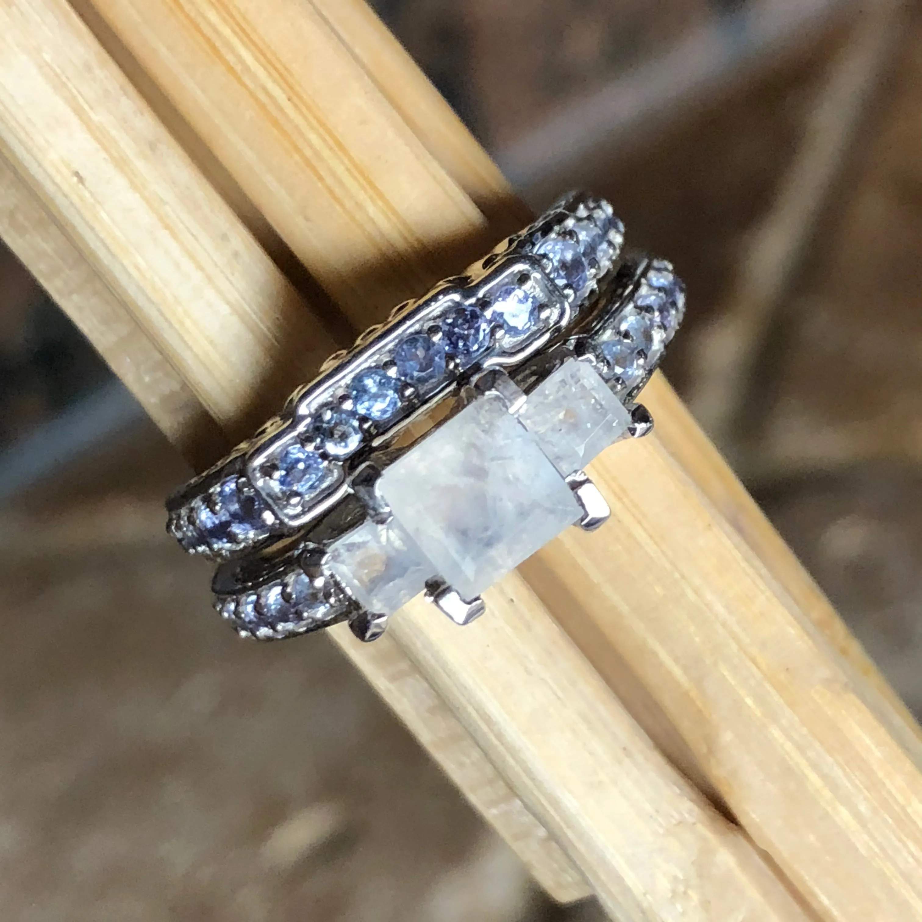 Genuine Blue Tanzanite, Moonstone 925 Solid Sterling Silver Engagement Ring Size 6, 7, 8, 9