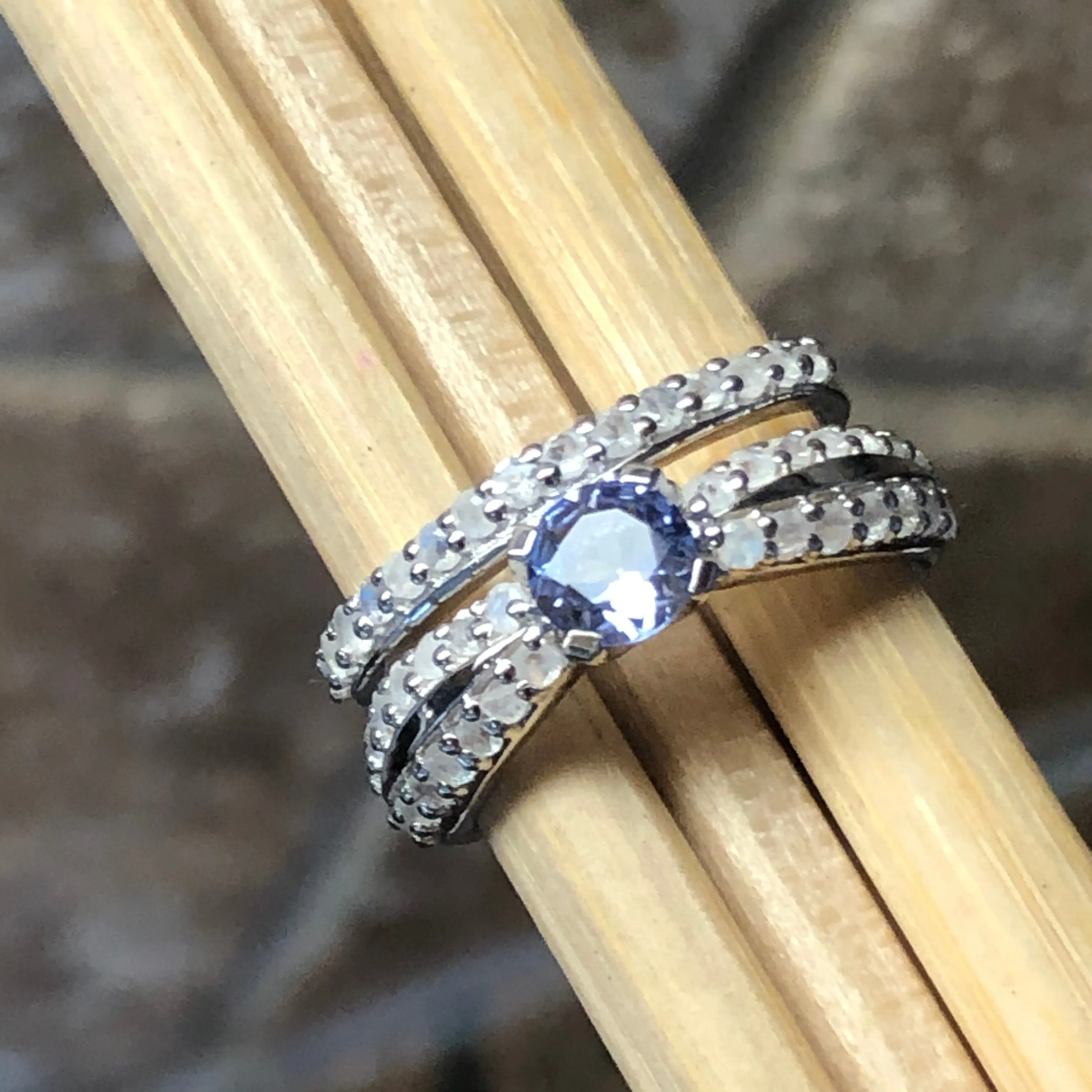 Genuine Blue Tanzanite, Moonstone 925 Solid Sterling Silver Engagement Ring Size 6, 7, 8, 9
