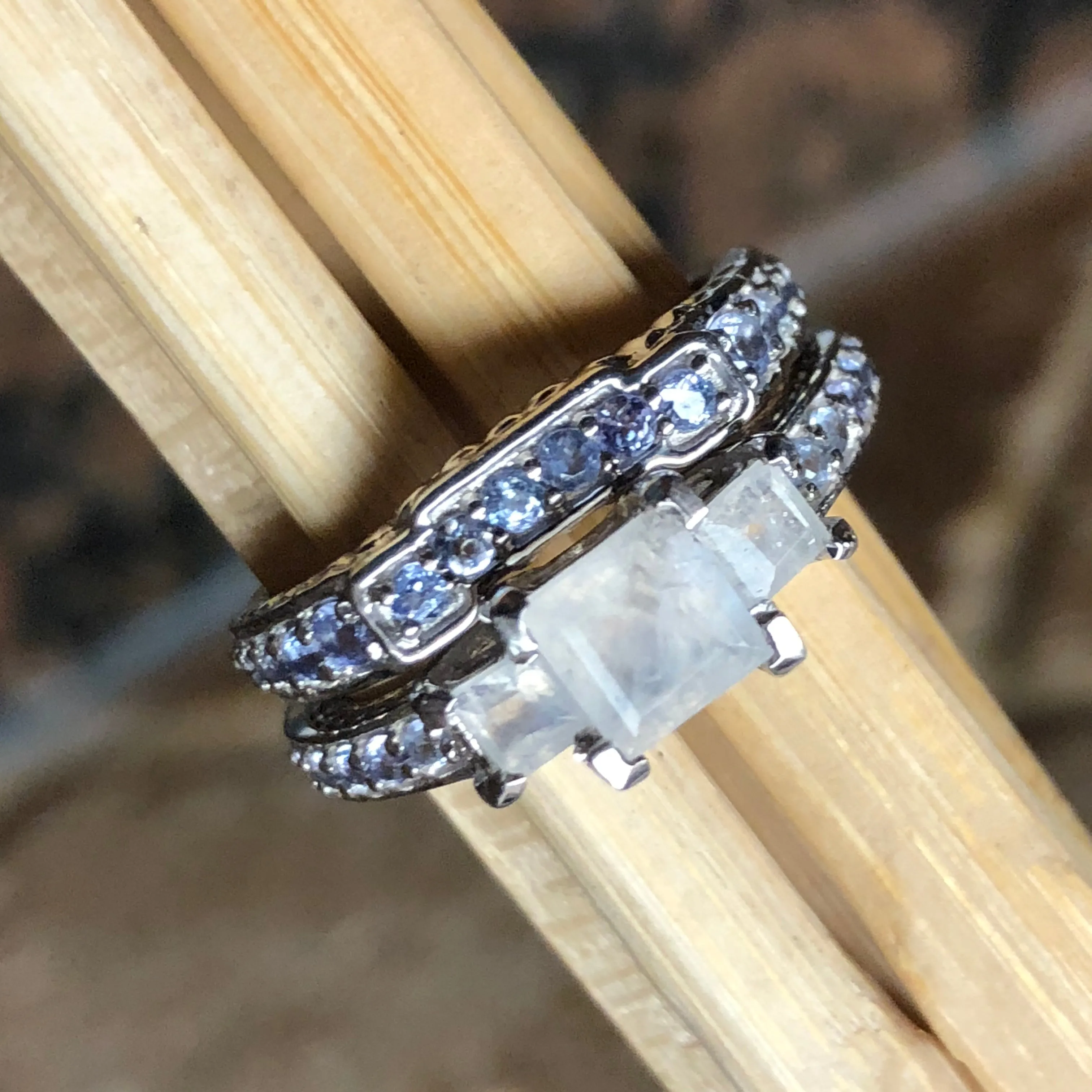 Genuine Blue Tanzanite, Moonstone 925 Solid Sterling Silver Engagement Ring Size 6, 7, 8, 9