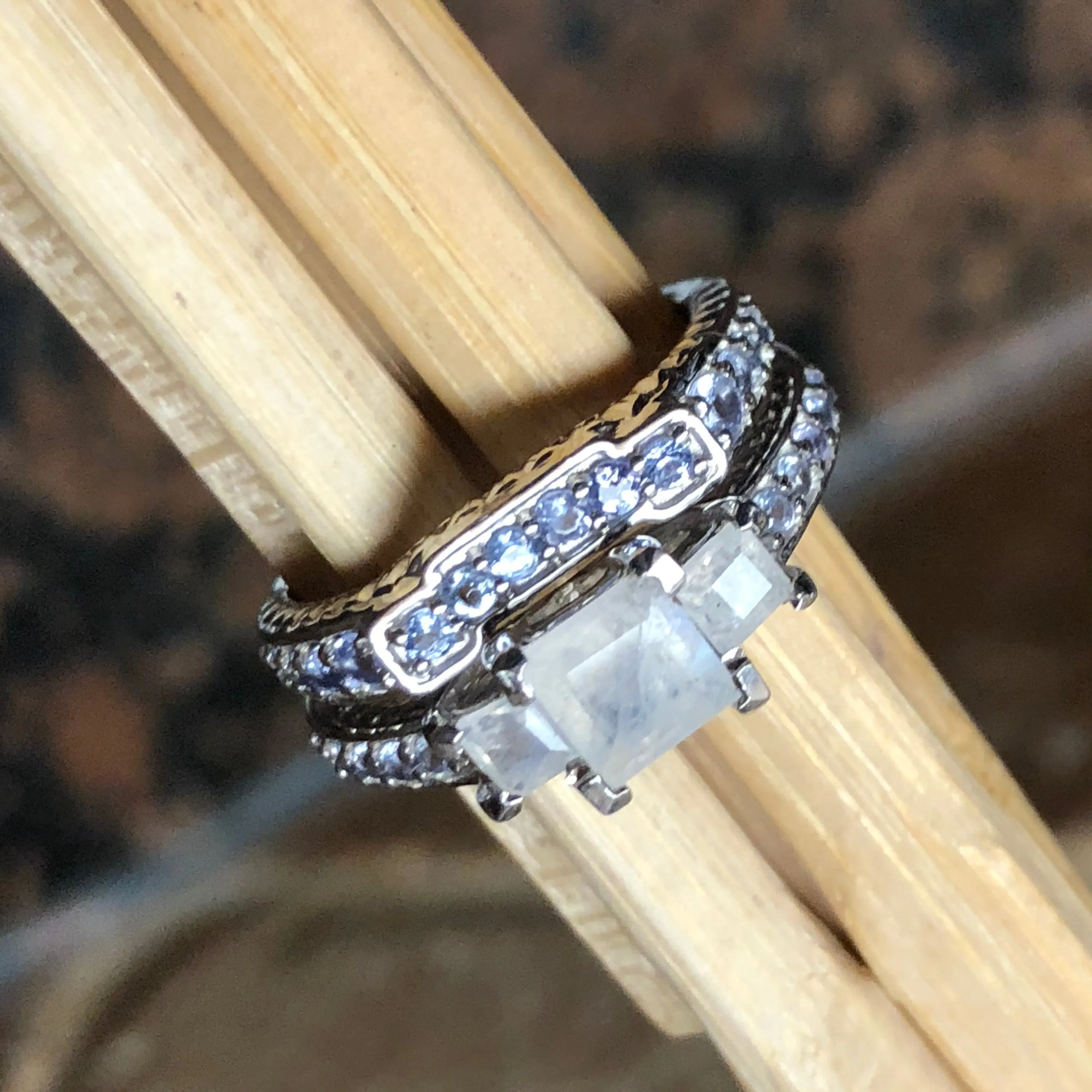 Genuine Blue Tanzanite, Moonstone 925 Solid Sterling Silver Engagement Ring Size 6, 7, 8, 9