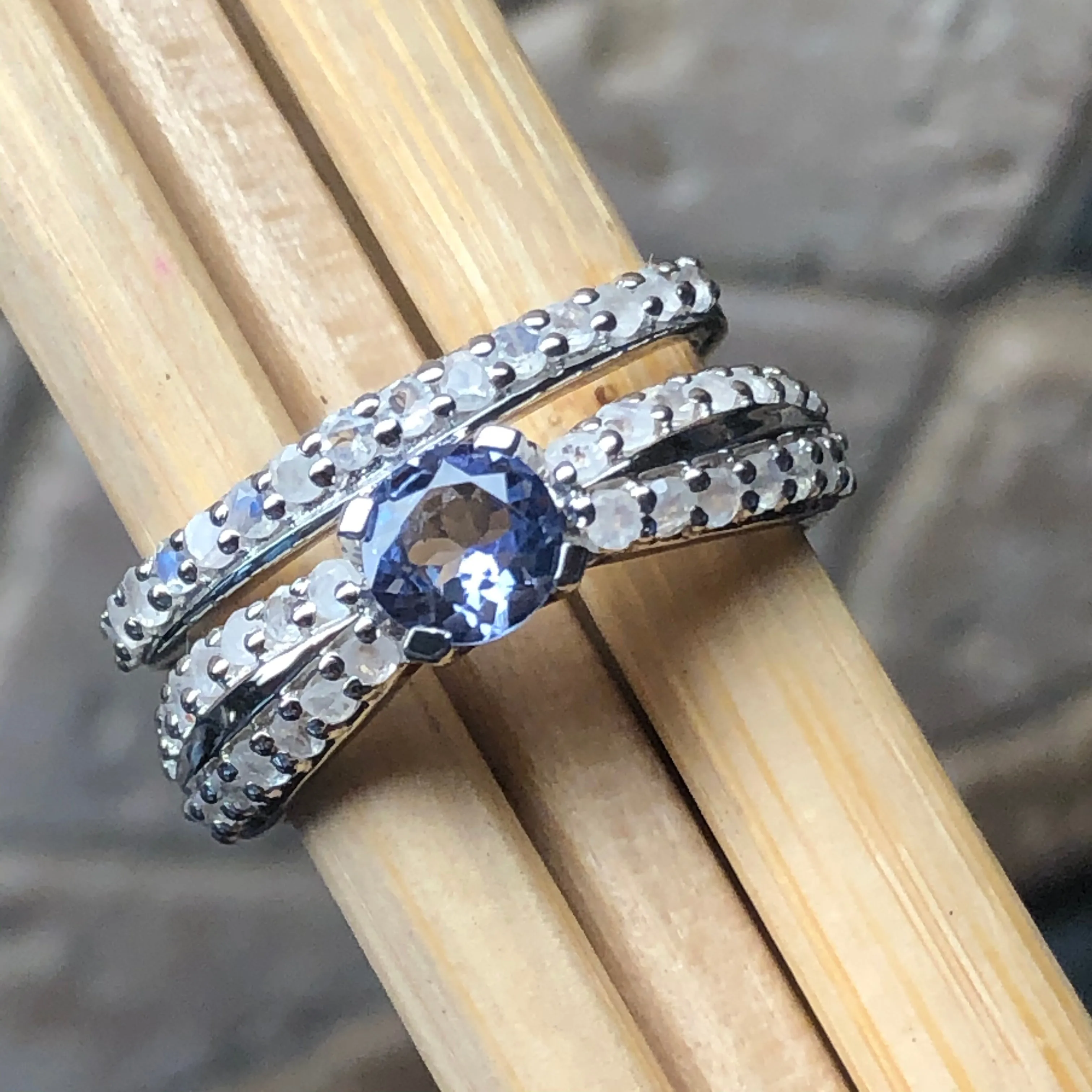 Genuine Blue Tanzanite, Moonstone 925 Solid Sterling Silver Engagement Ring Size 6, 7, 8, 9