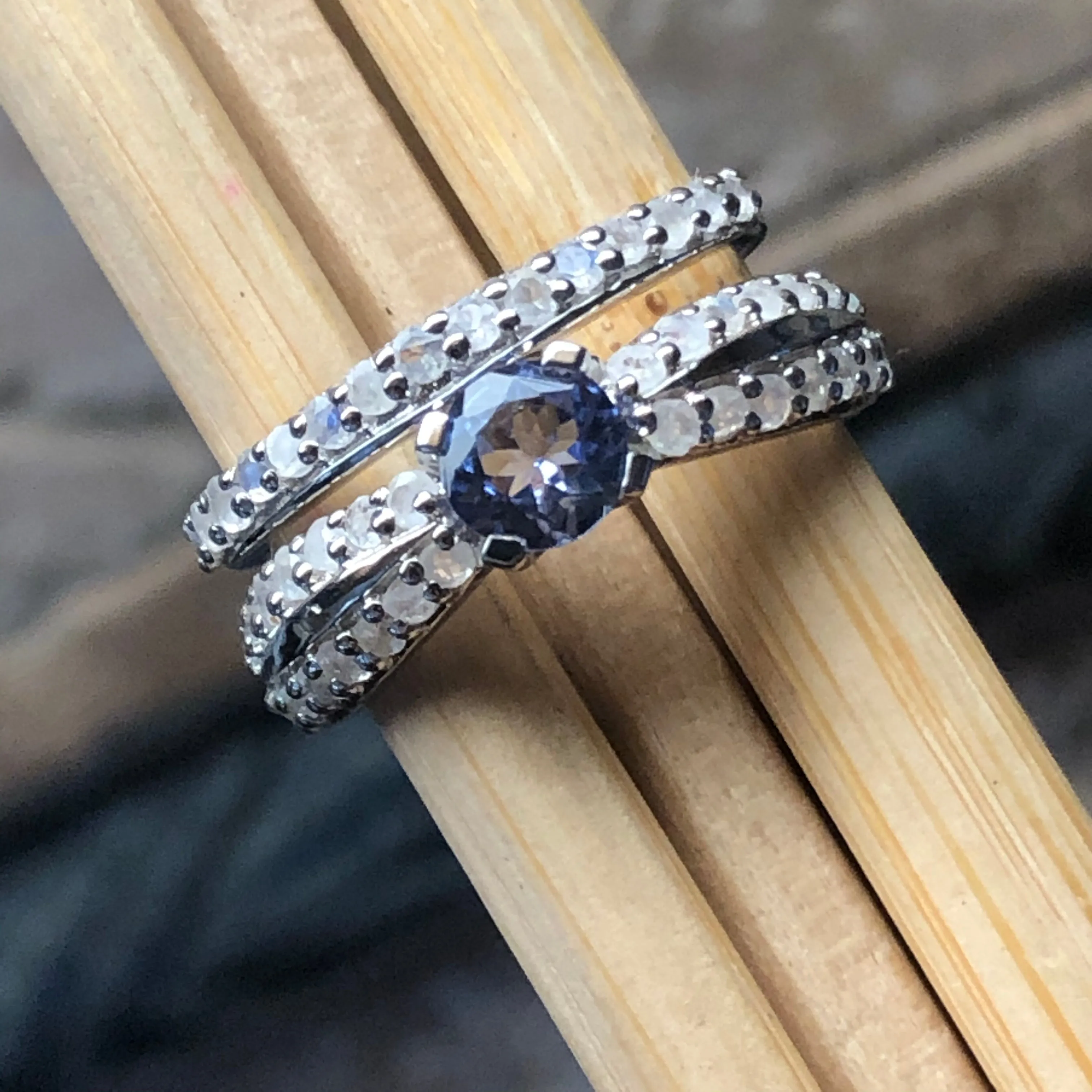 Genuine Blue Tanzanite, Moonstone 925 Solid Sterling Silver Engagement Ring Size 6, 7, 8, 9