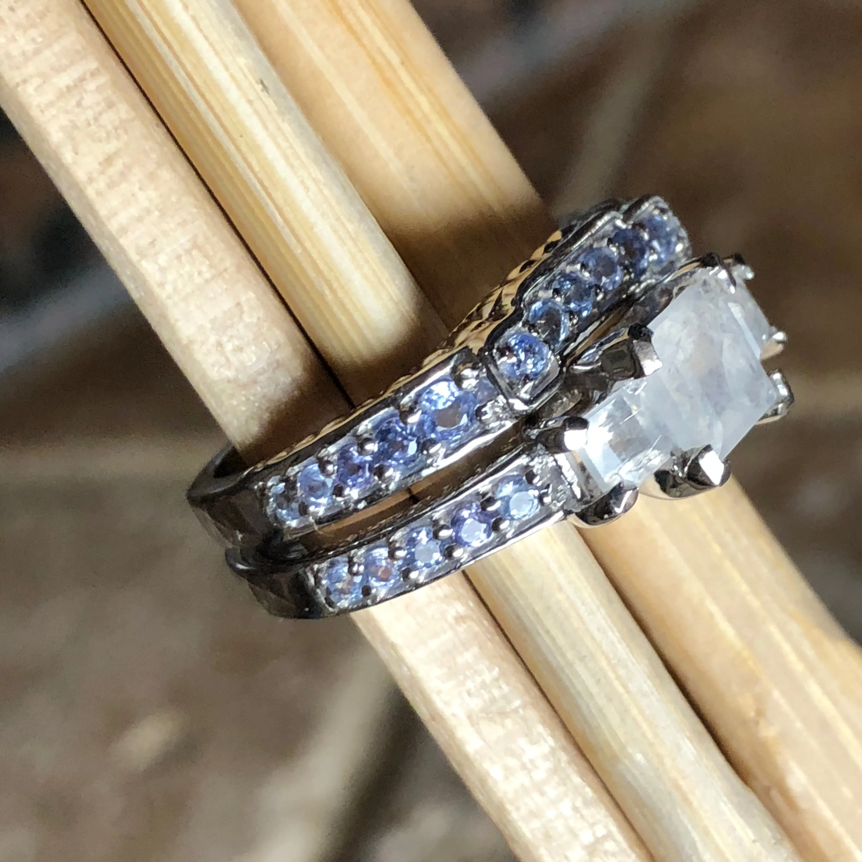 Genuine Blue Tanzanite, Moonstone 925 Solid Sterling Silver Engagement Ring Size 6, 7, 8, 9
