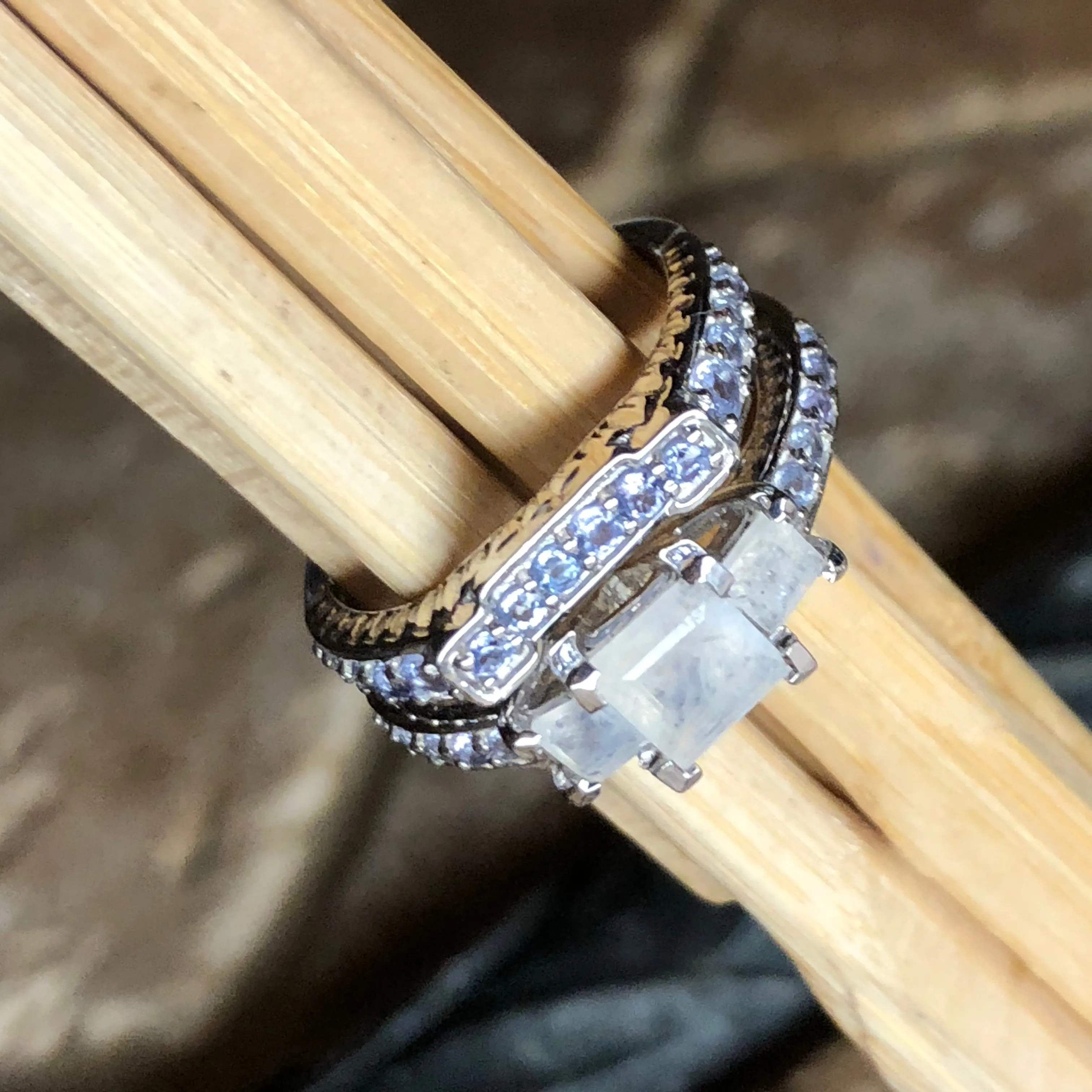 Genuine Blue Tanzanite, Moonstone 925 Solid Sterling Silver Engagement Ring Size 6, 7, 8, 9