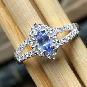 Genuine Blue Tanzanite, White Sapphire 925 Solid Sterling Silver Engagement Ring Size 6, 7, 8, 9
