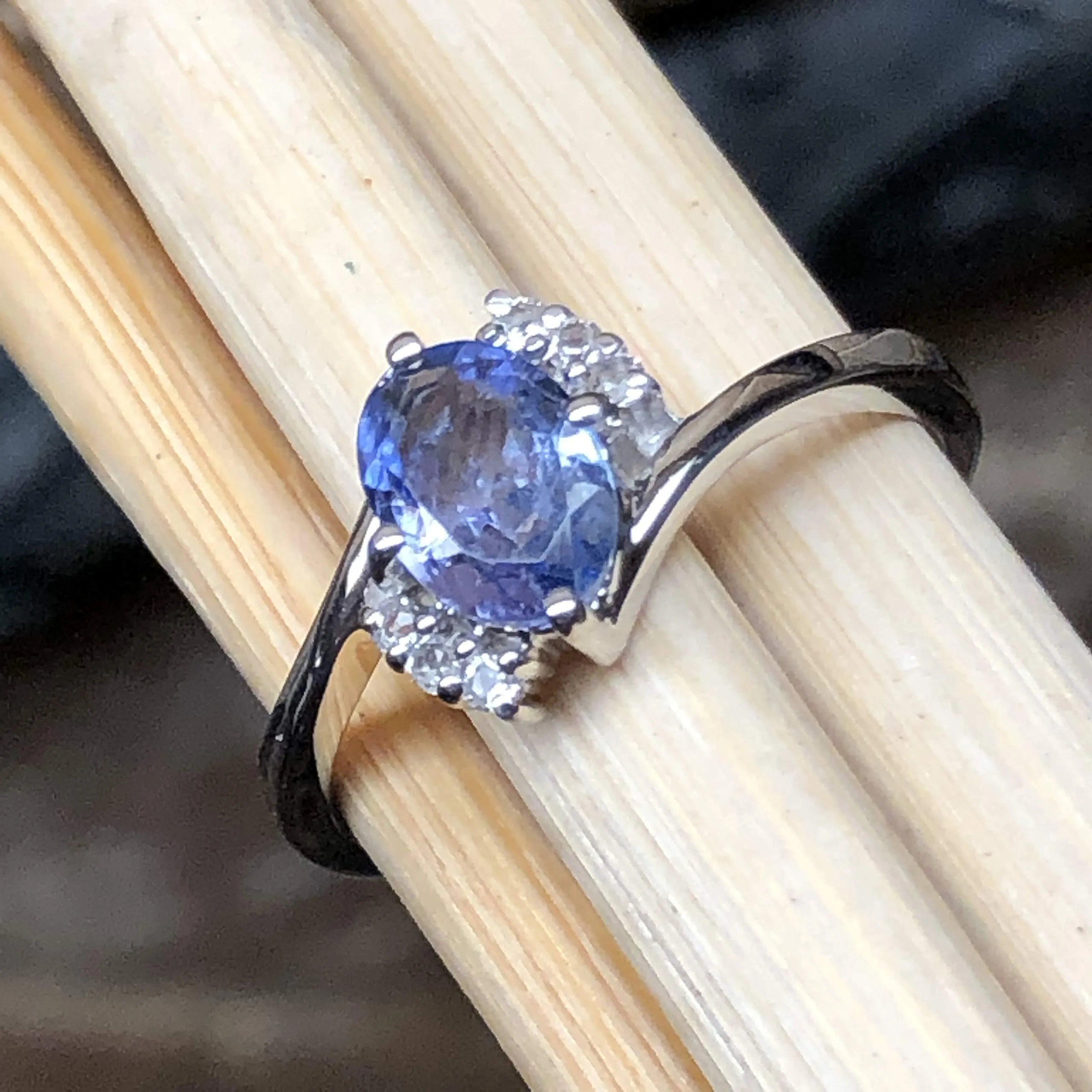 Genuine Blue Tanzanite, White Topaz 925 Solid Sterling Silver Engagement Ring Size 6, 7, 8, 9