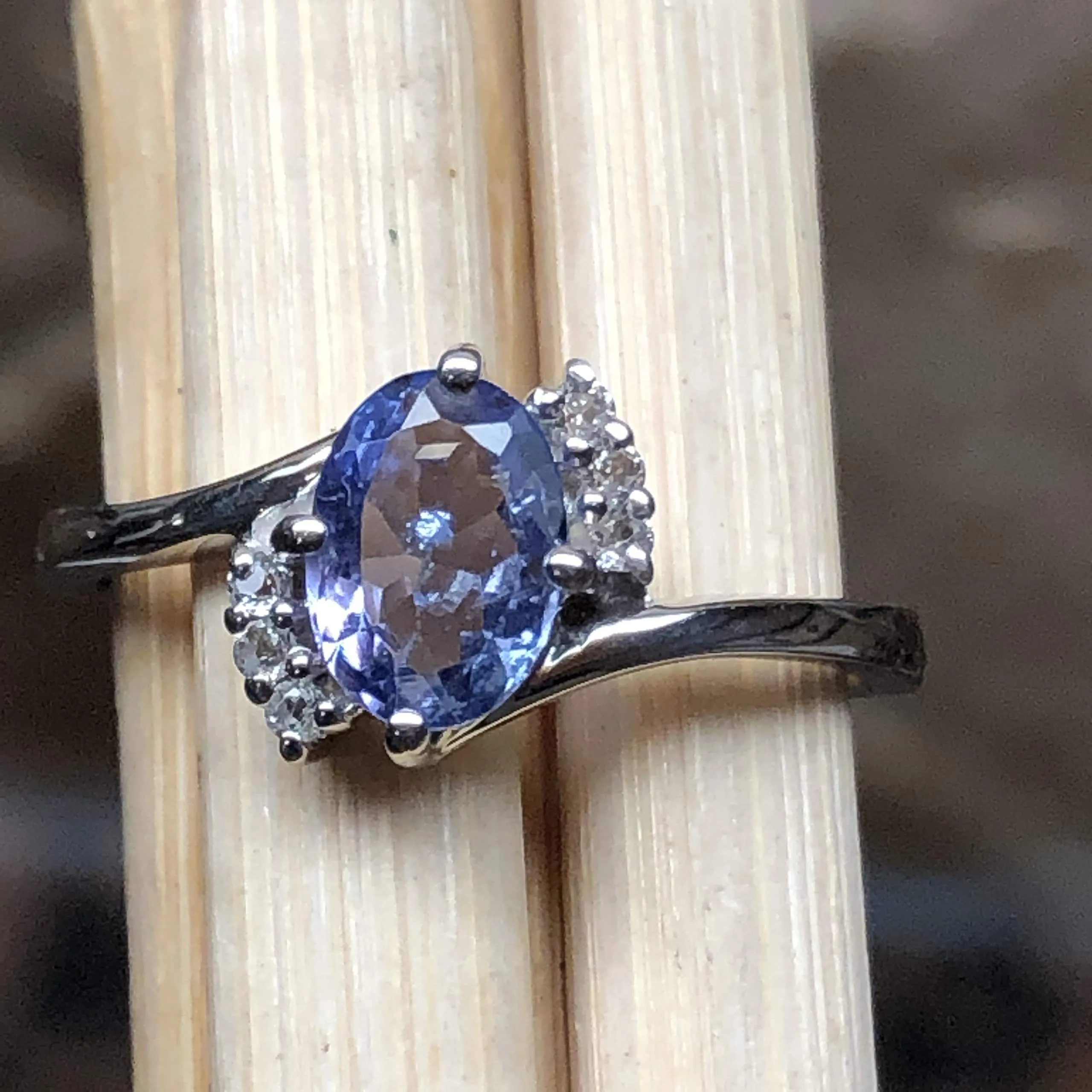 Genuine Blue Tanzanite, White Topaz 925 Solid Sterling Silver Engagement Ring Size 6, 7, 8, 9