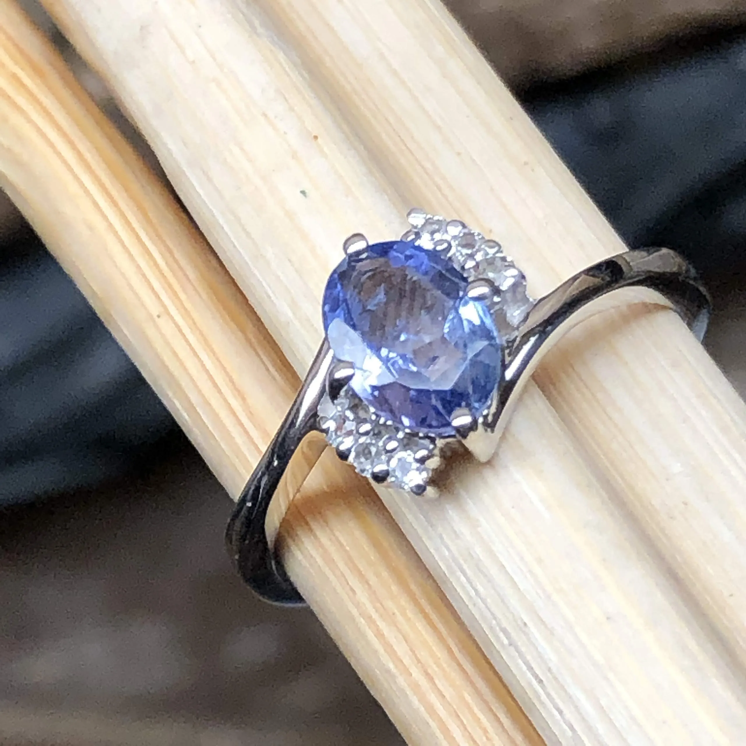 Genuine Blue Tanzanite, White Topaz 925 Solid Sterling Silver Engagement Ring Size 6, 7, 8, 9