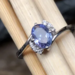 Genuine Blue Tanzanite, White Topaz 925 Solid Sterling Silver Engagement Ring Size 6, 7, 8, 9