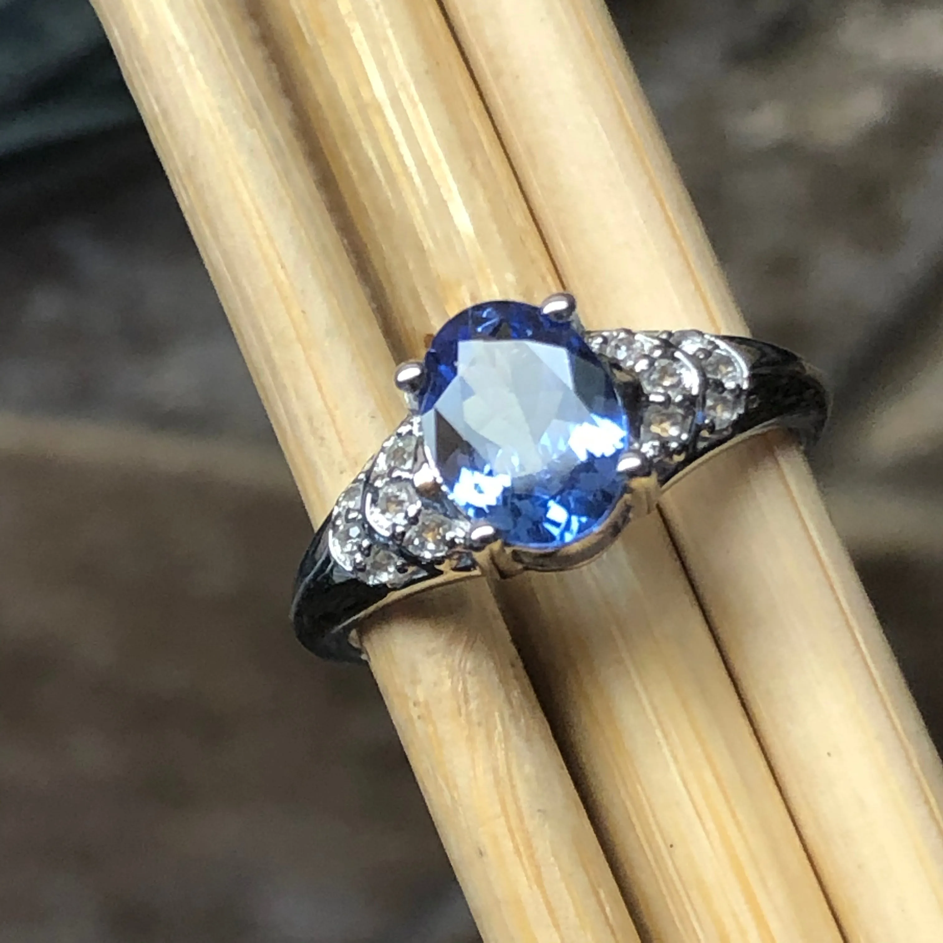 Genuine Blue Tanzanite, White Topaz 925 Solid Sterling Silver Engagement Ring Size 6.25, 7.25, 8.25, 9.25