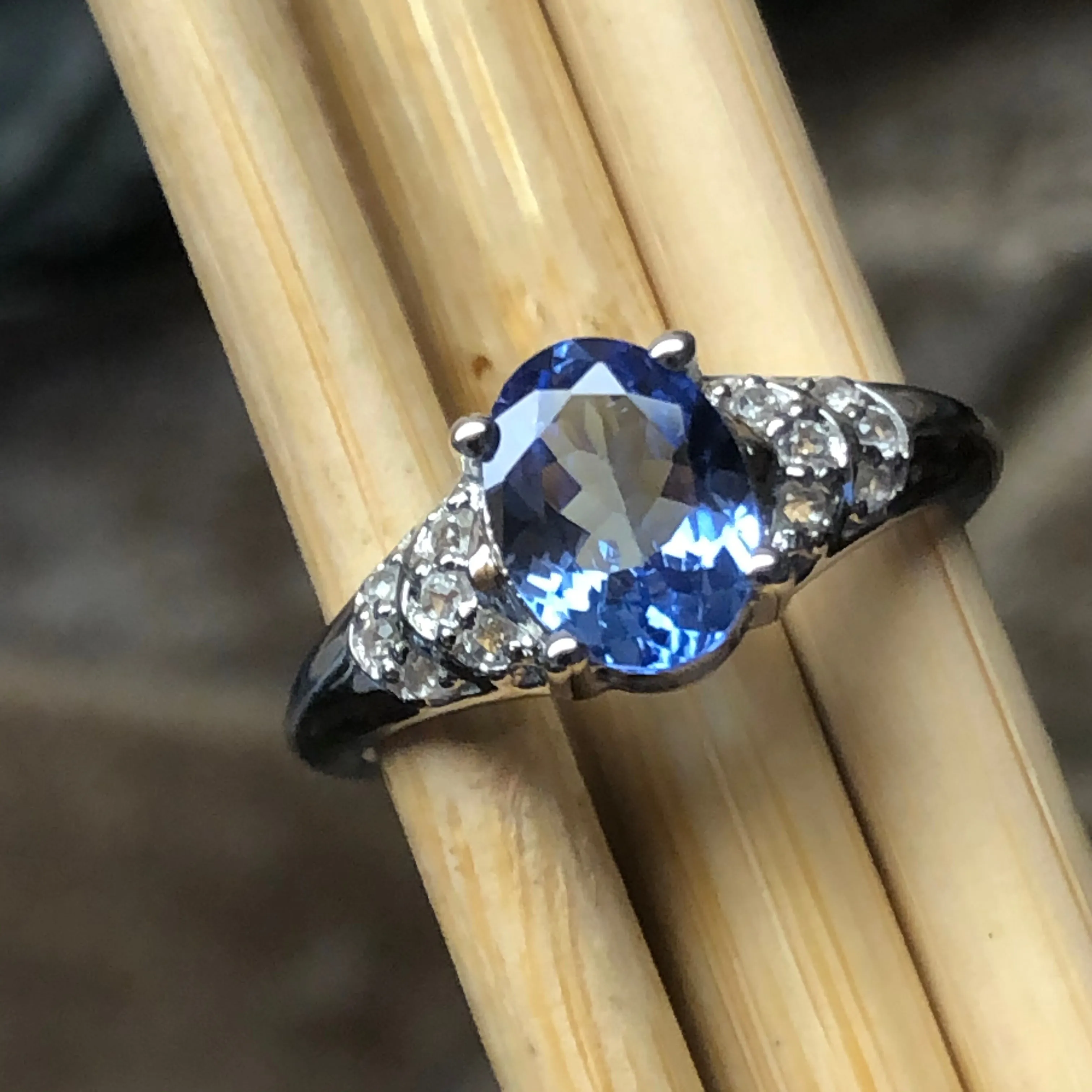 Genuine Blue Tanzanite, White Topaz 925 Solid Sterling Silver Engagement Ring Size 6.25, 7.25, 8.25, 9.25