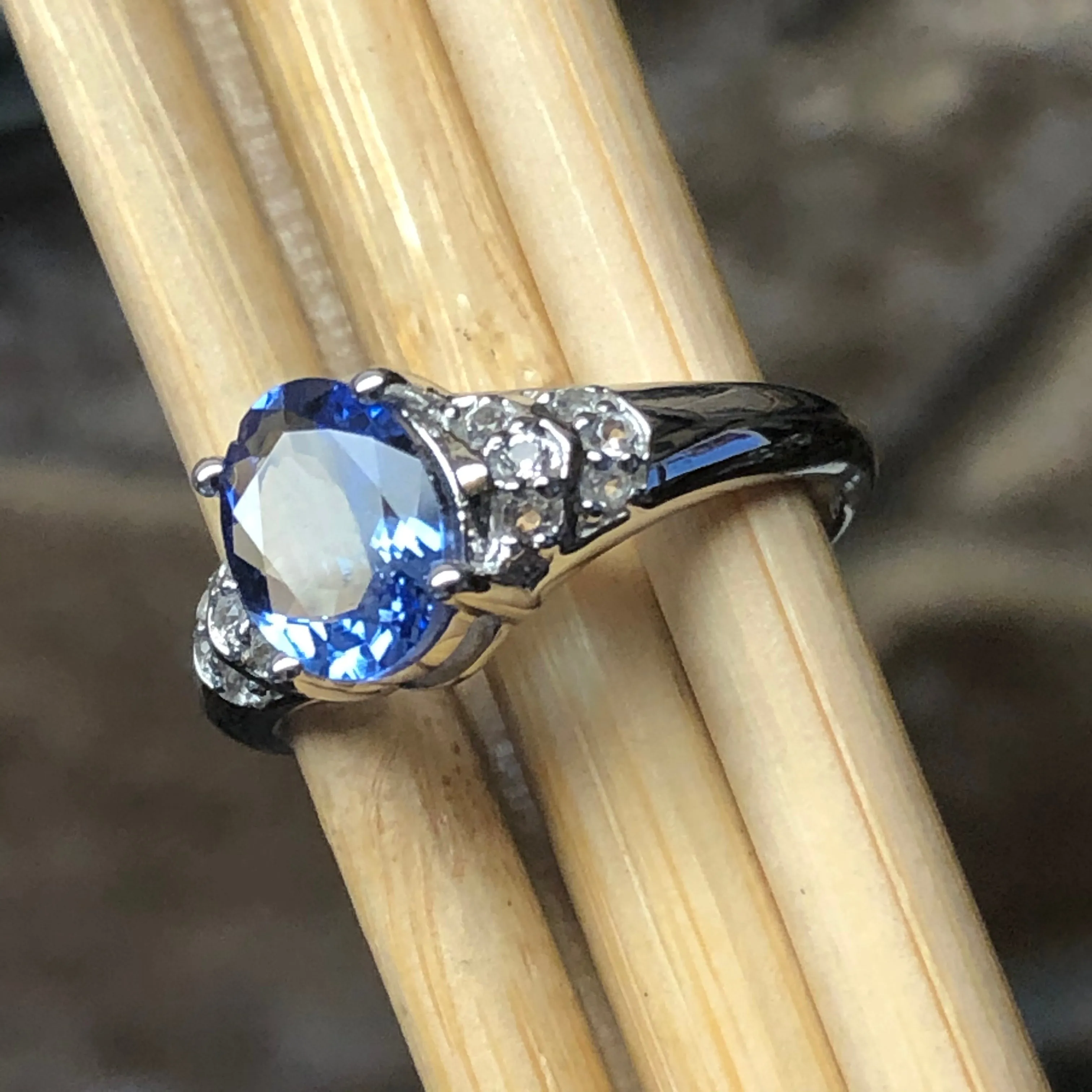 Genuine Blue Tanzanite, White Topaz 925 Solid Sterling Silver Engagement Ring Size 6.25, 7.25, 8.25, 9.25