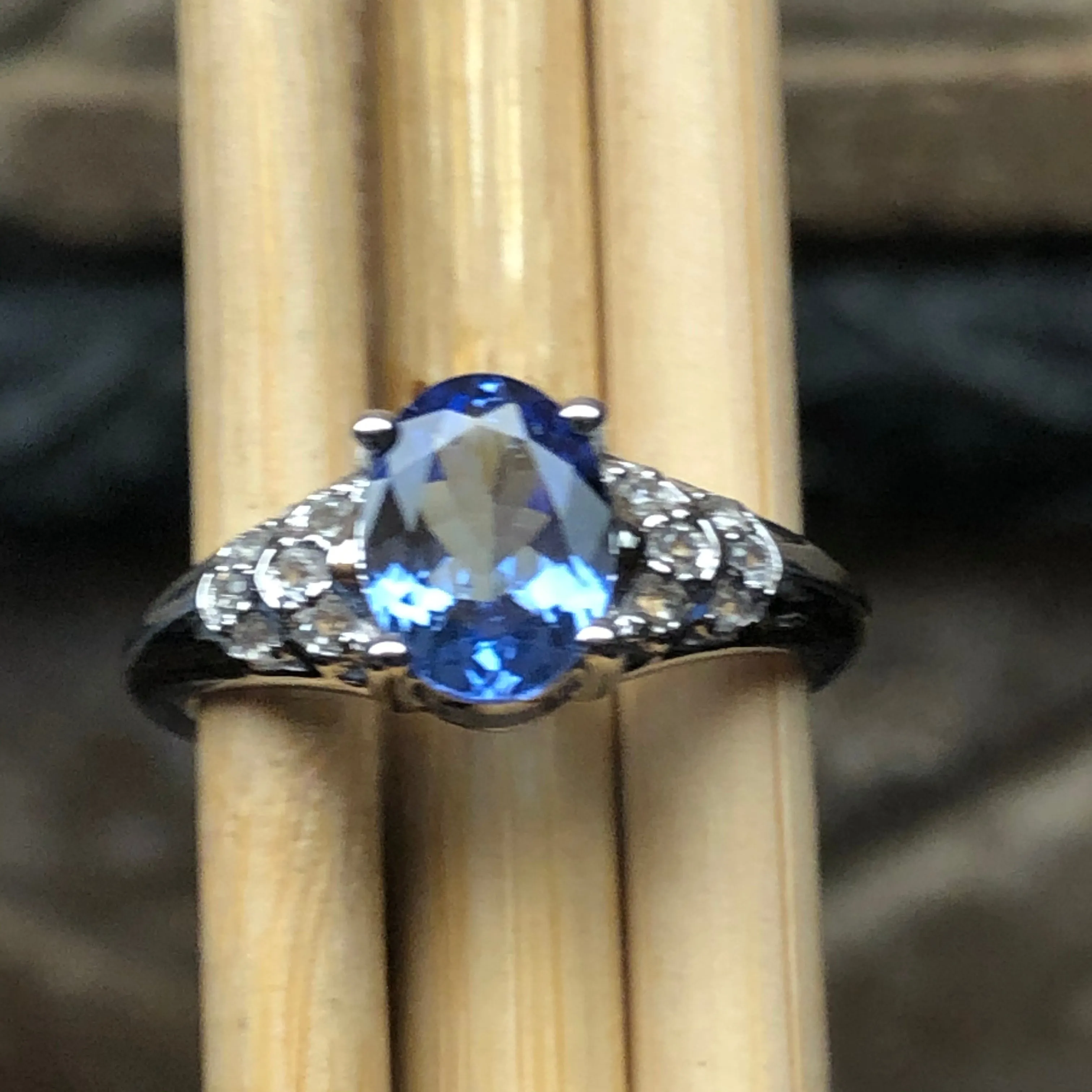 Genuine Blue Tanzanite, White Topaz 925 Solid Sterling Silver Engagement Ring Size 6.25, 7.25, 8.25, 9.25