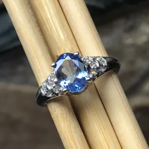 Genuine Blue Tanzanite, White Topaz 925 Solid Sterling Silver Engagement Ring Size 6.25, 7.25, 8.25, 9.25