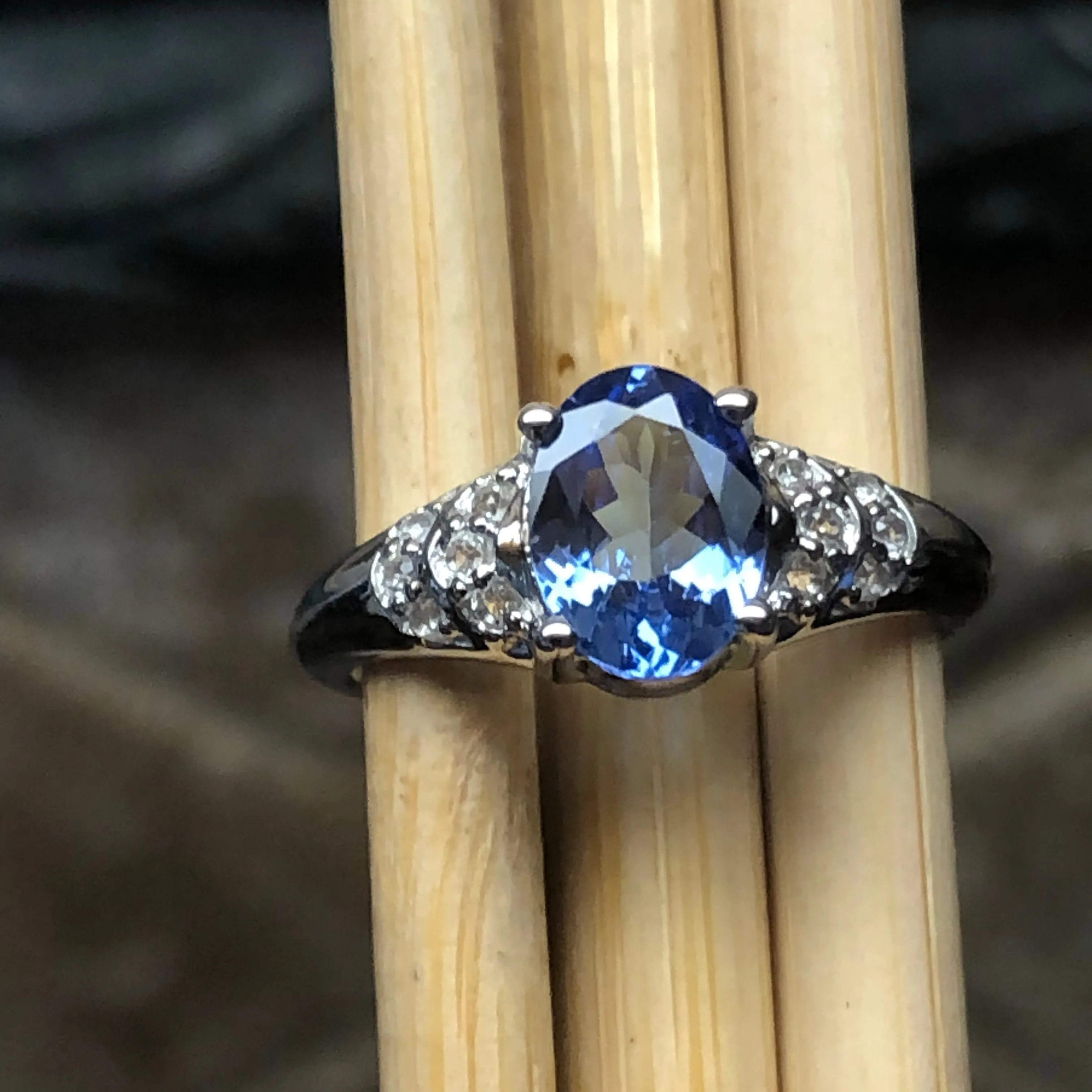 Genuine Blue Tanzanite, White Topaz 925 Solid Sterling Silver Engagement Ring Size 6.25, 7.25, 8.25, 9.25