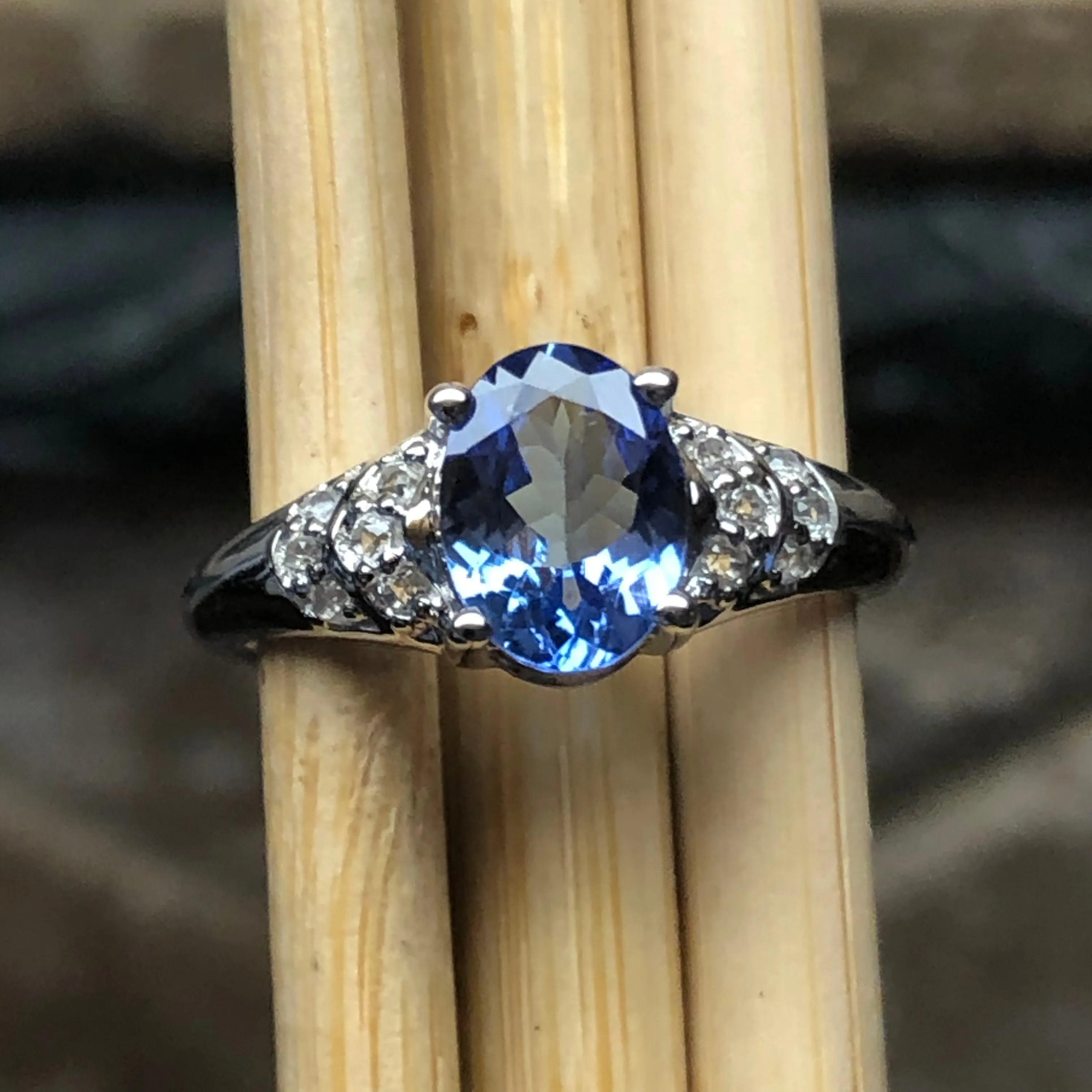 Genuine Blue Tanzanite, White Topaz 925 Solid Sterling Silver Engagement Ring Size 6.25, 7.25, 8.25, 9.25