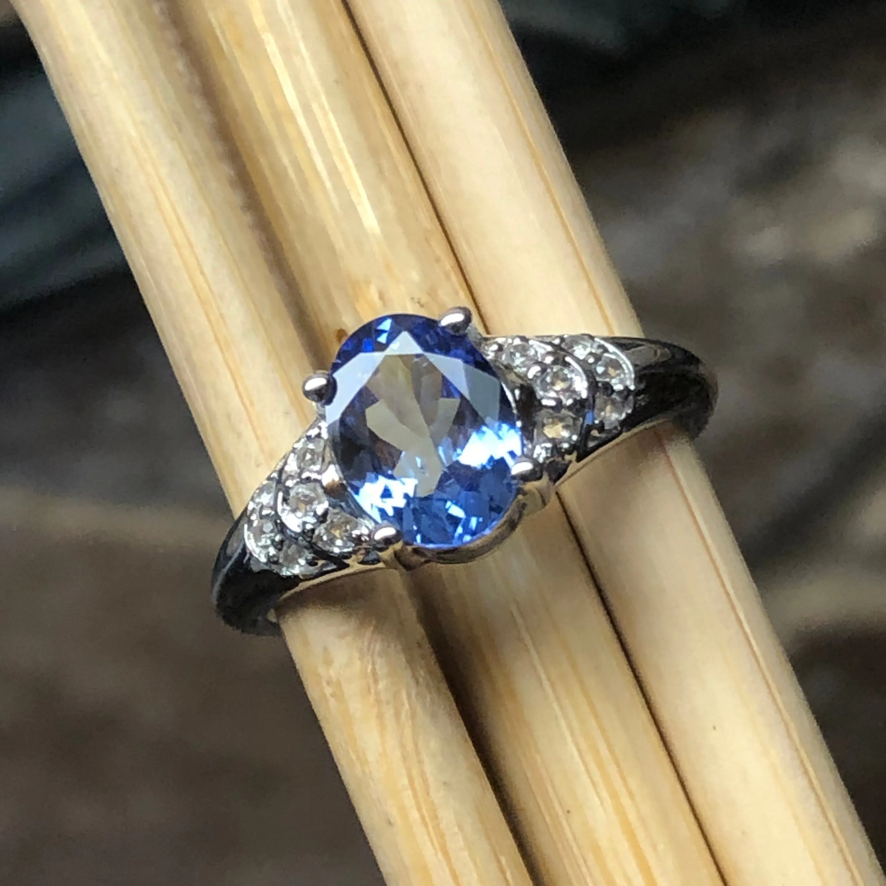 Genuine Blue Tanzanite, White Topaz 925 Solid Sterling Silver Engagement Ring Size 6.25, 7.25, 8.25, 9.25