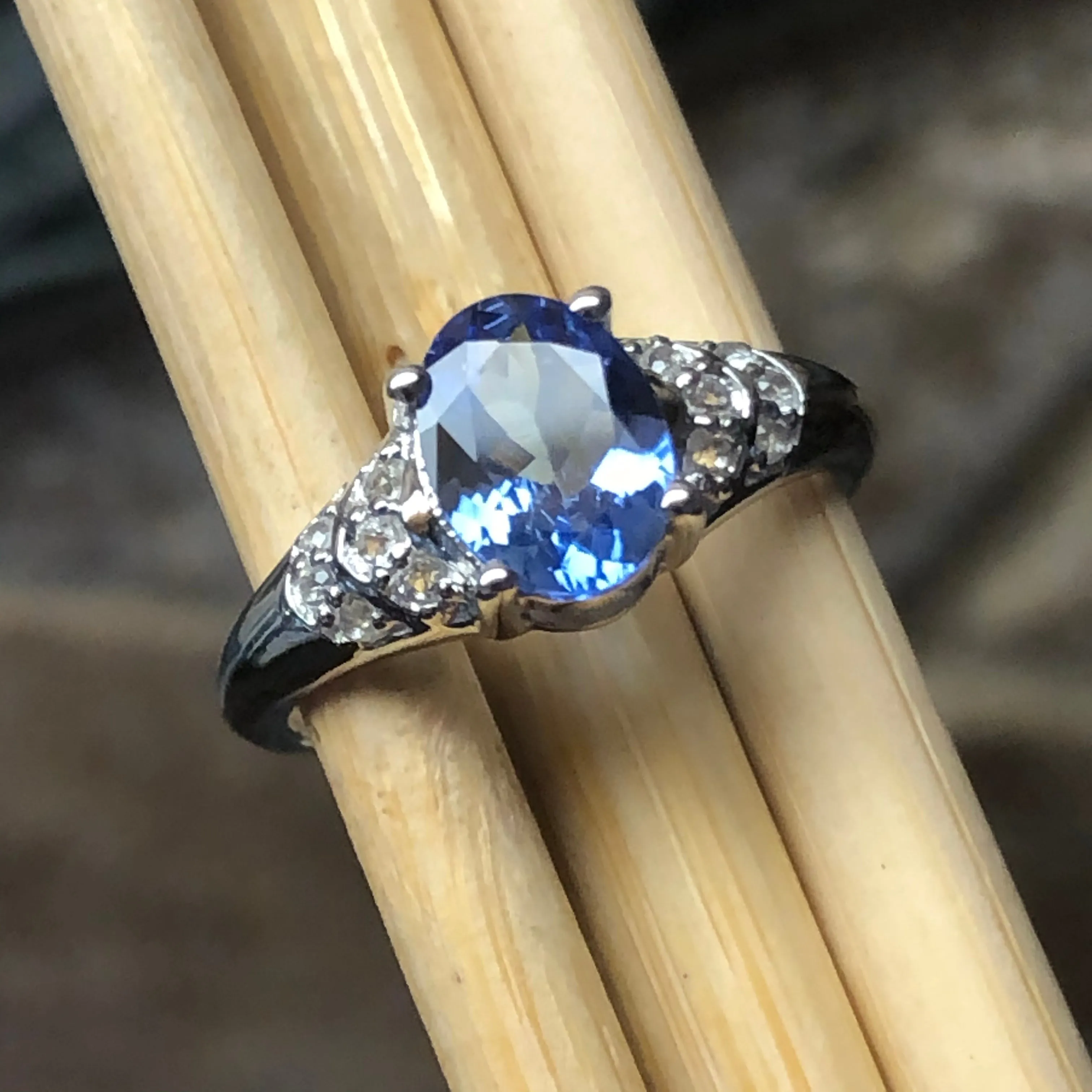 Genuine Blue Tanzanite, White Topaz 925 Solid Sterling Silver Engagement Ring Size 6.25, 7.25, 8.25, 9.25