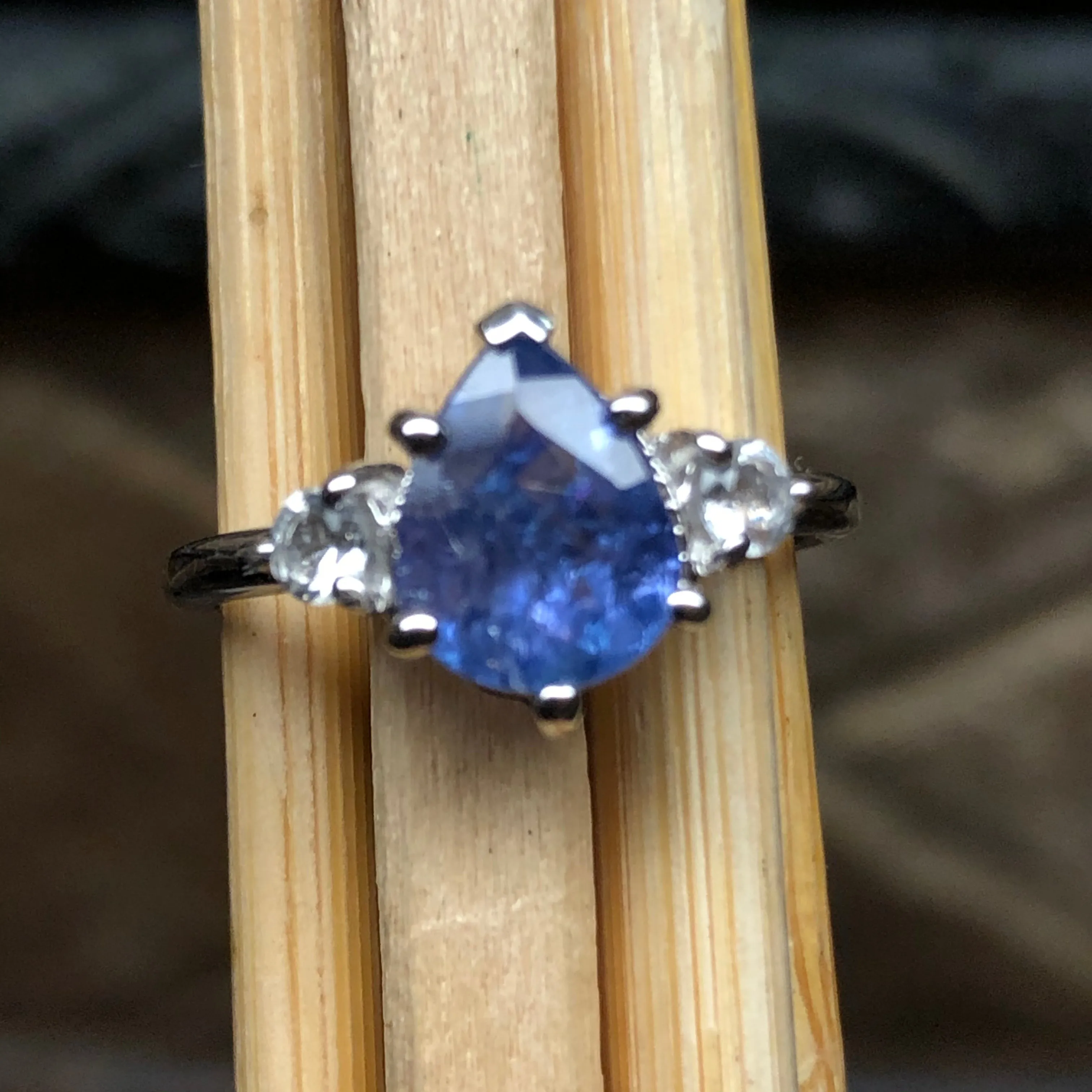 Genuine Tanzanite, White Topaz 925 Solid Sterling Silver Engagement Ring Size 5, 6, 7, 8, 9