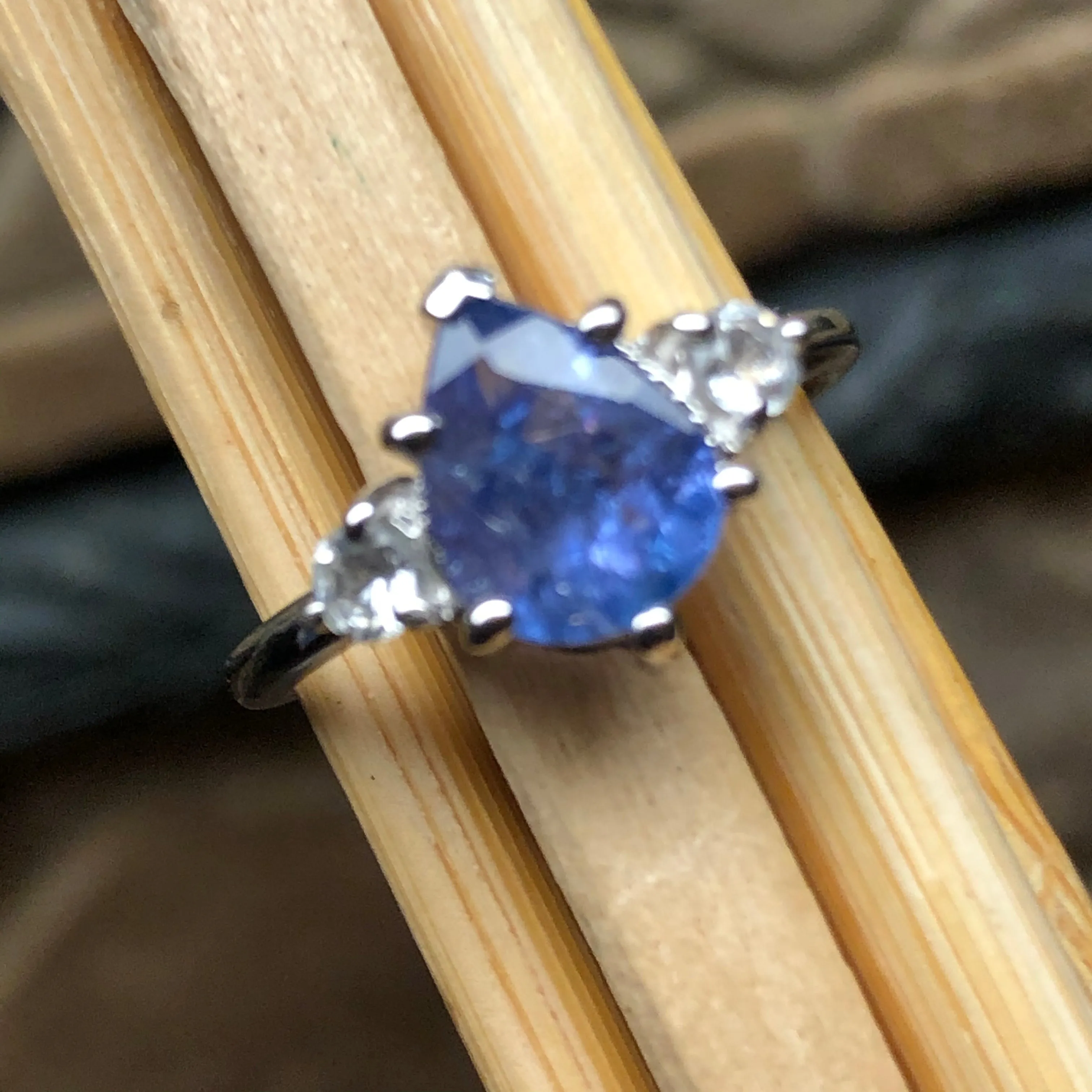 Genuine Tanzanite, White Topaz 925 Solid Sterling Silver Engagement Ring Size 5, 6, 7, 8, 9