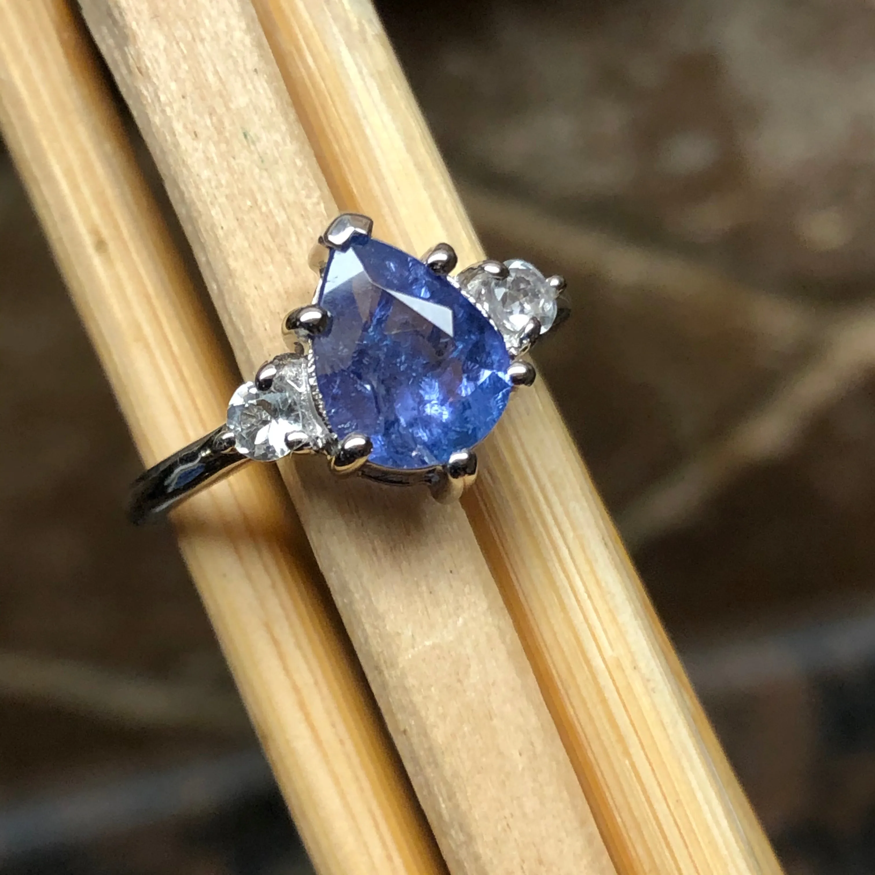 Genuine Tanzanite, White Topaz 925 Solid Sterling Silver Engagement Ring Size 5, 6, 7, 8, 9