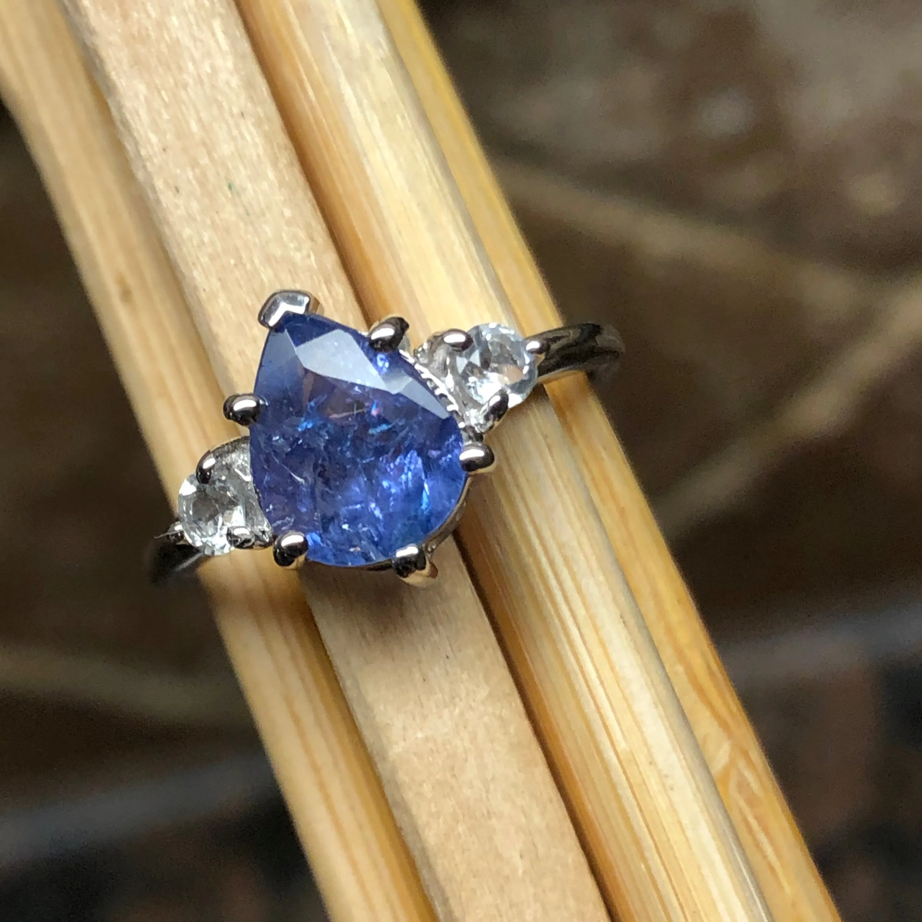 Genuine Tanzanite, White Topaz 925 Solid Sterling Silver Engagement Ring Size 5, 6, 7, 8, 9