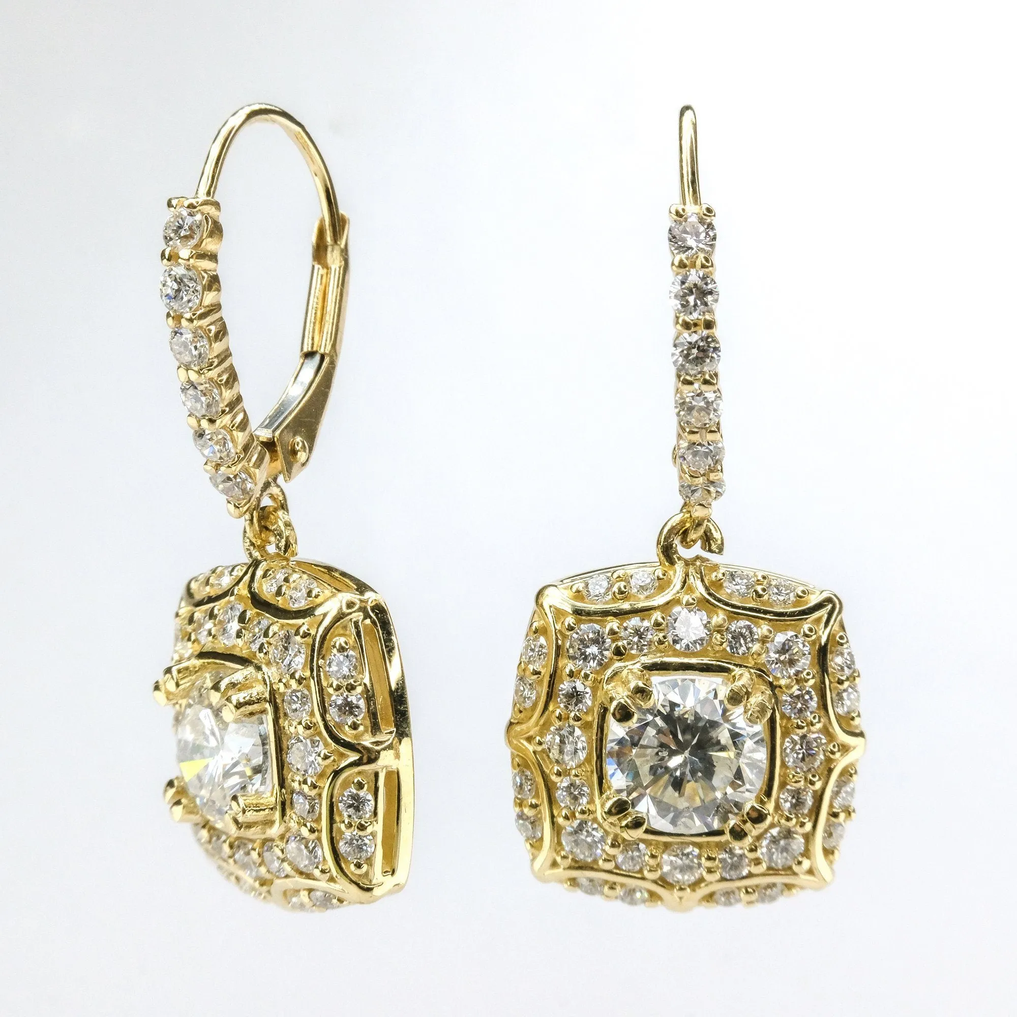 GIA 2.17ctw Round Diamond Accented Halo Dangle Earrings in 14K Yellow Gold