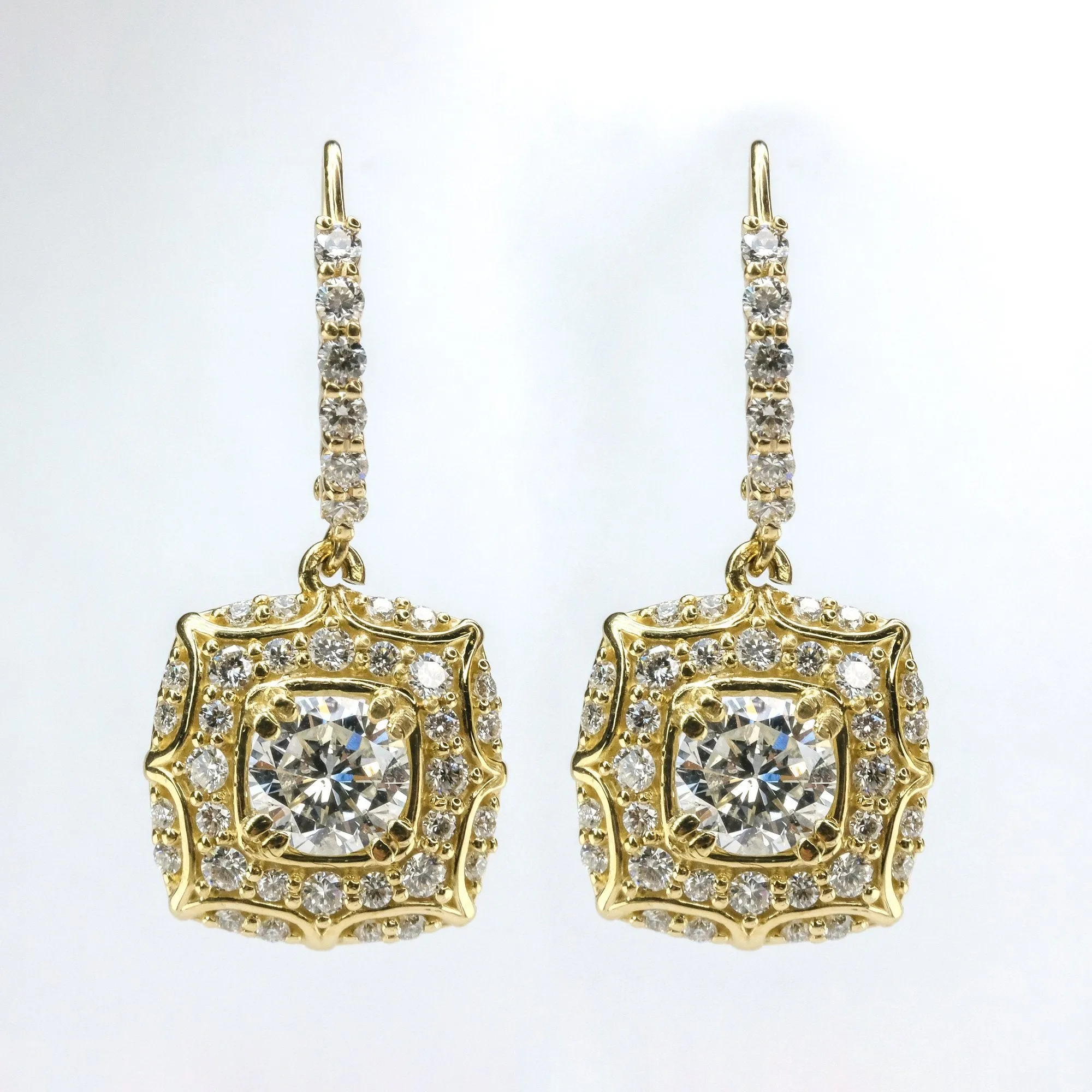 GIA 2.17ctw Round Diamond Accented Halo Dangle Earrings in 14K Yellow Gold