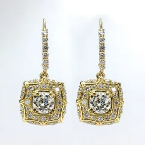 GIA 2.17ctw Round Diamond Accented Halo Dangle Earrings in 14K Yellow Gold