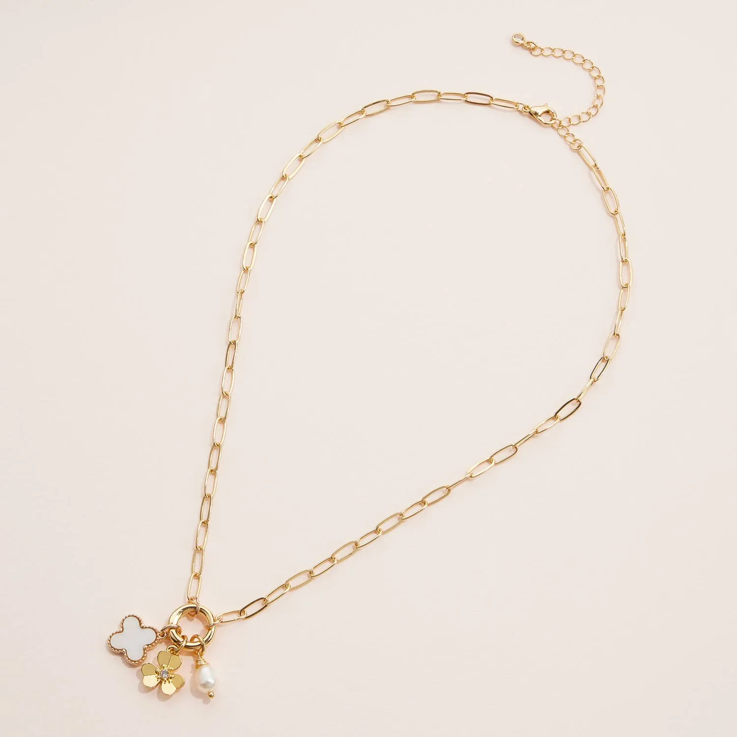 Gold Dipped Necklace with Charms and Pearl Accent