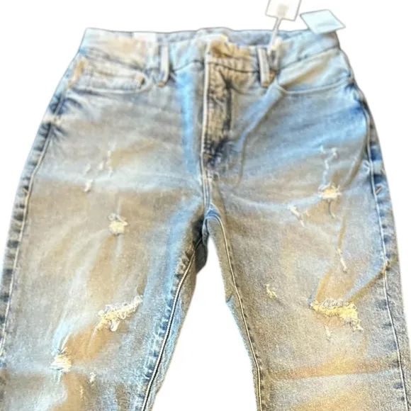 Good American Women's Mid Rise Straight Jeans Light Blue Distressed M