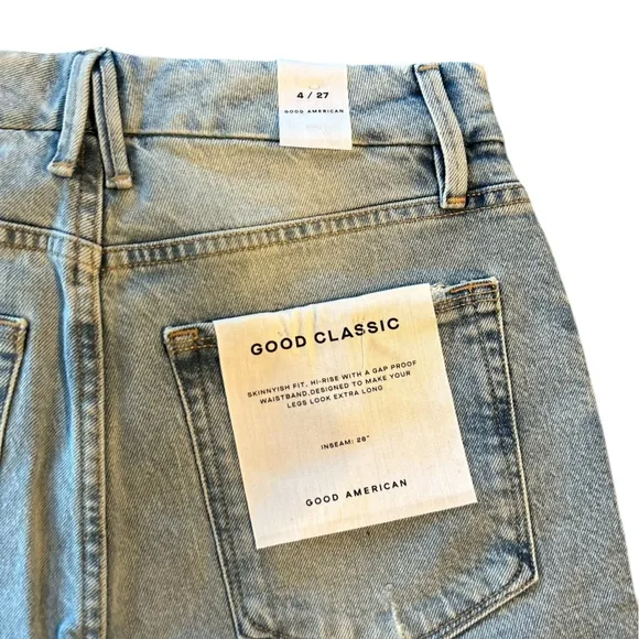Good American Women's Mid Rise Straight Jeans Light Blue Distressed M