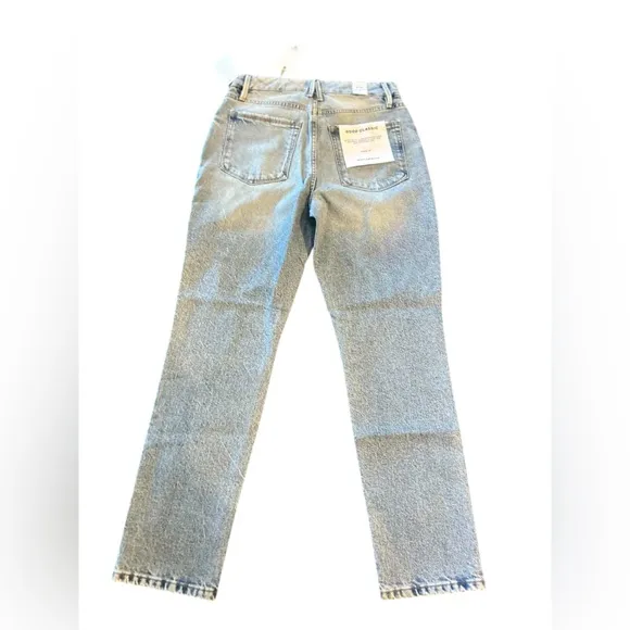 Good American Women's Mid Rise Straight Jeans Light Blue Distressed M